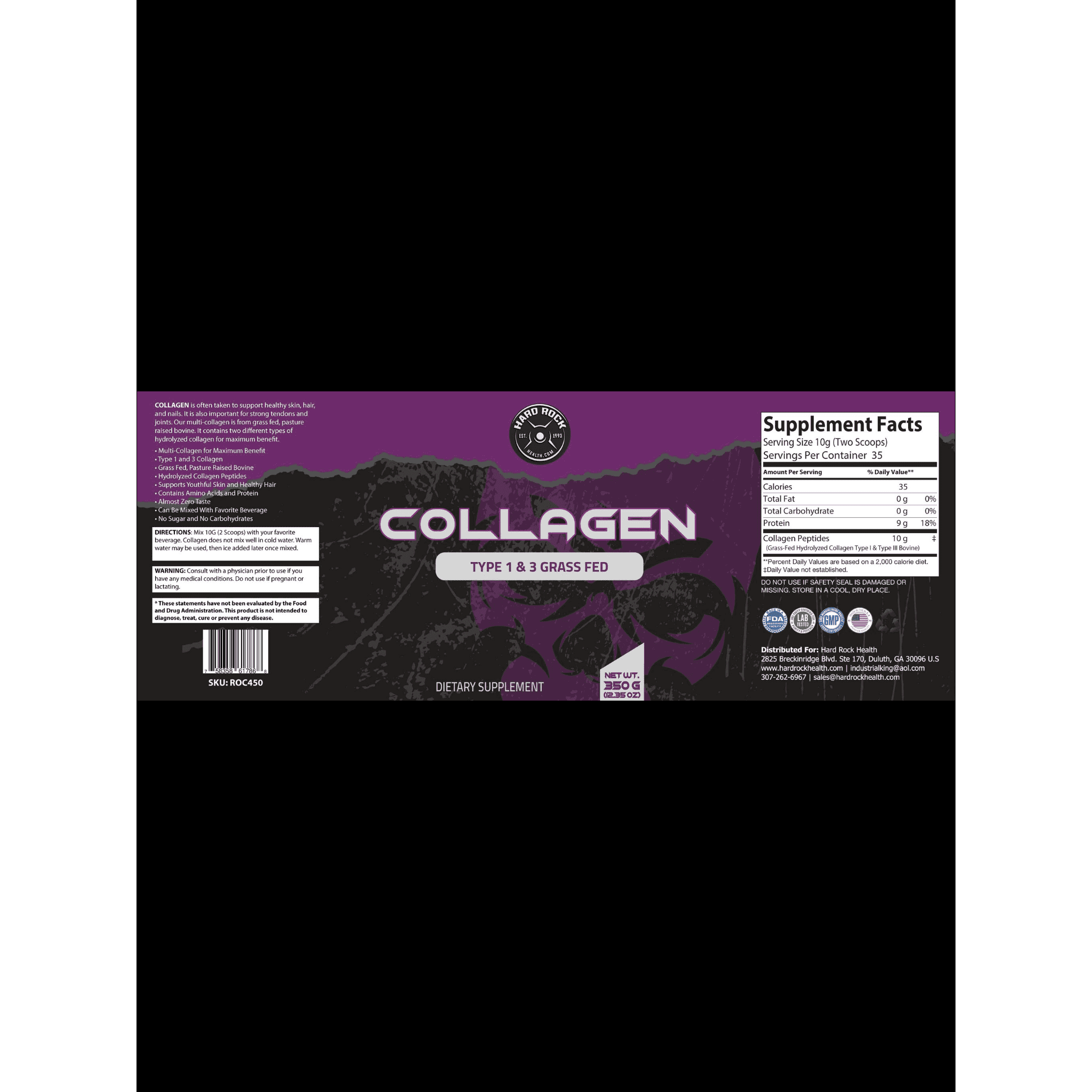 Hard Rock Health Collagen Type 1 & 3 Grass Fed 350g 35 Servings.