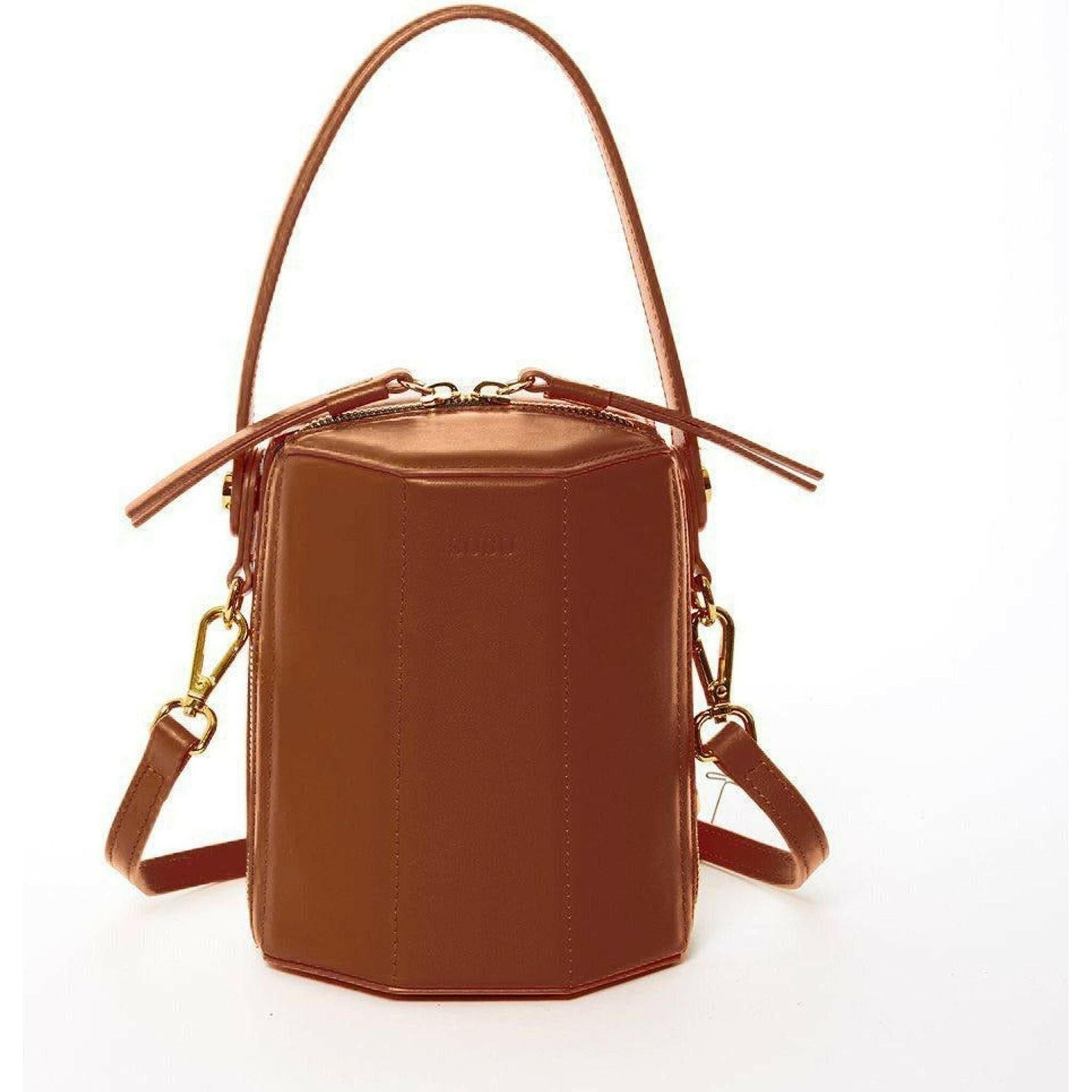 Harper Leather Bucket Bag in Amber Brown.