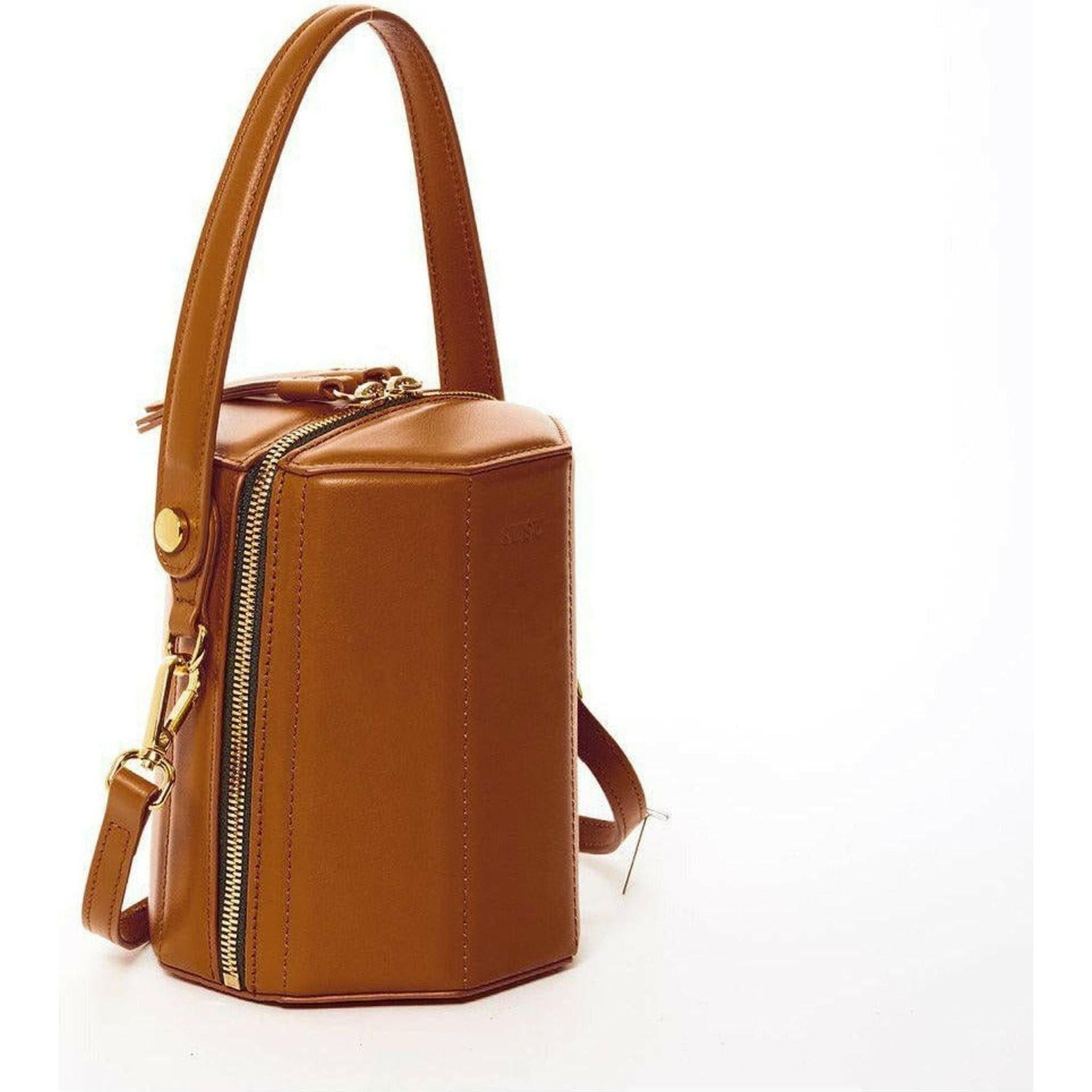 Harper Leather Bucket Bag in Amber Brown.