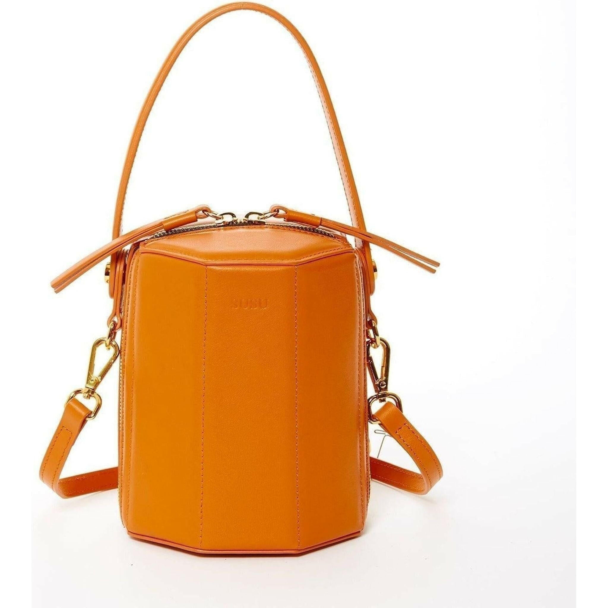 Harper Leather Bucket Bag in Orange.