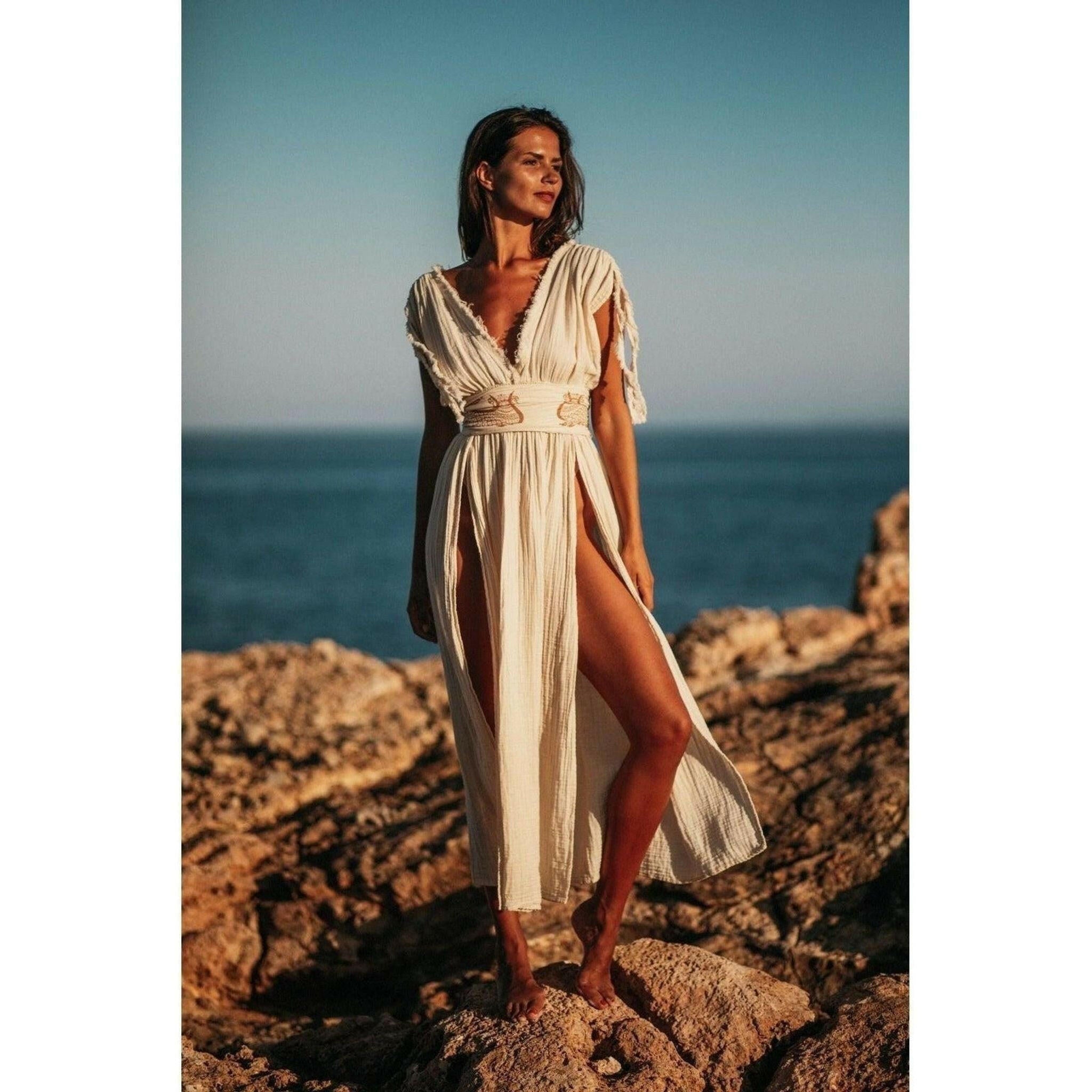organic cotton boho dresses Bohemian Organic Cotton Dress, Goddess Slit Summer Maxi Dress