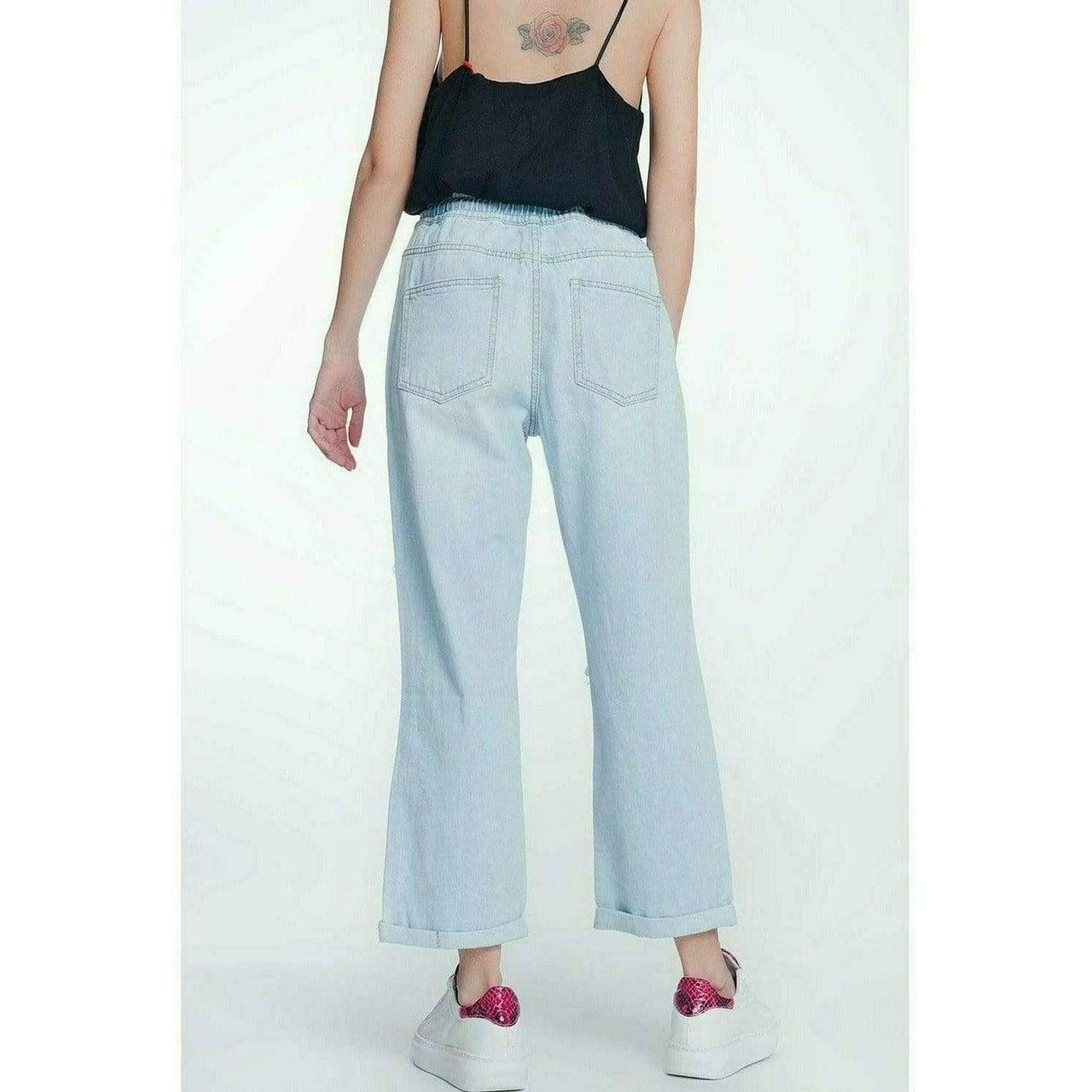 High Rise Straight Crop Jeans in Light Wash Blue.