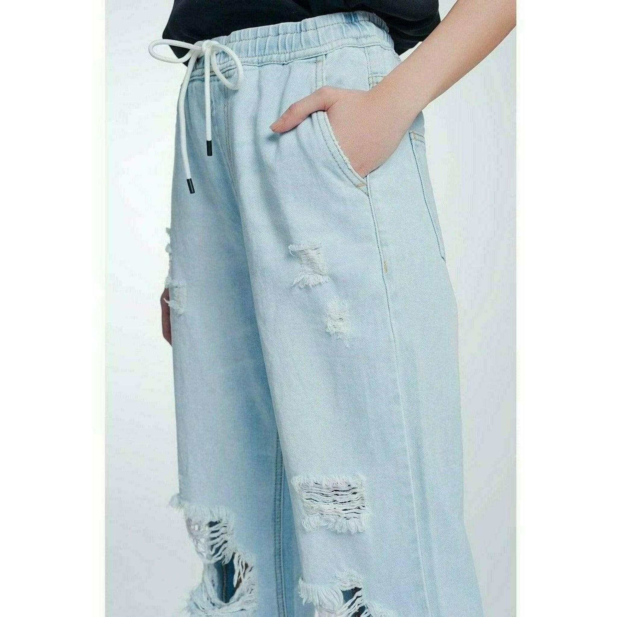 High Rise Straight Crop Jeans in Light Wash Blue.