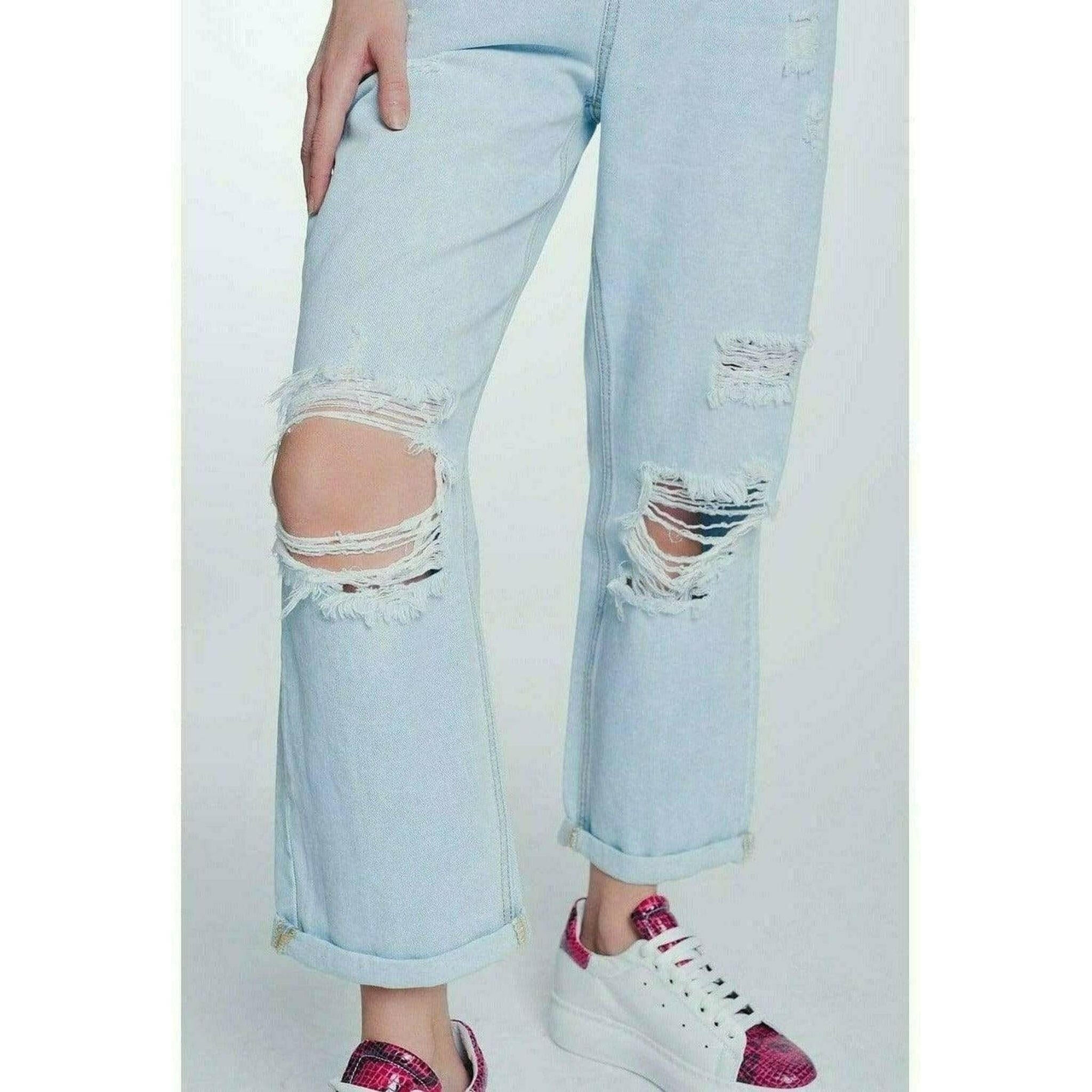 High Rise Straight Crop Jeans in Light Wash Blue.