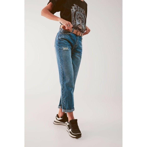 High Waist Jeans with Thigh Slash in Mid Blue