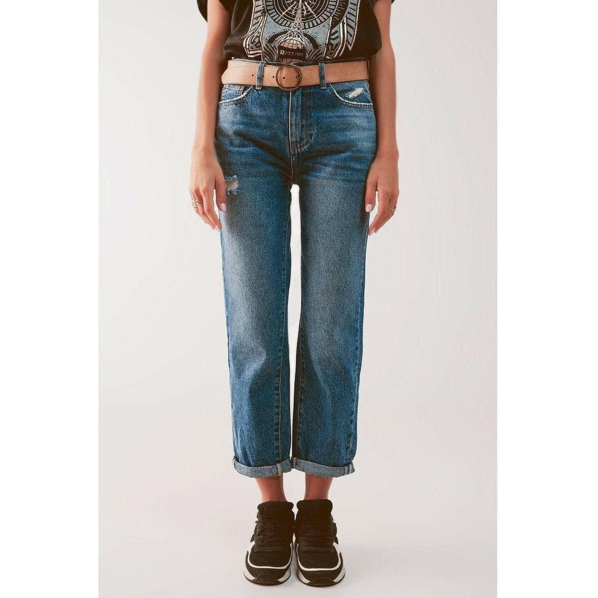 High Waist Jeans with Thigh Slash in Mid Blue.