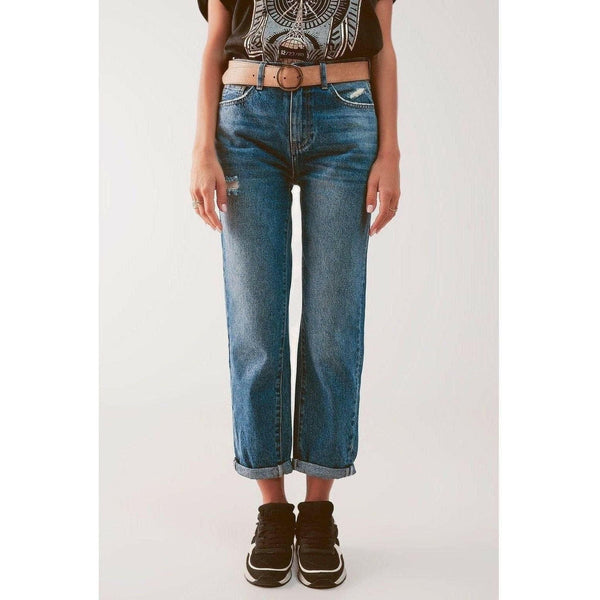 High Waist Jeans with Thigh Slash in Mid Blue