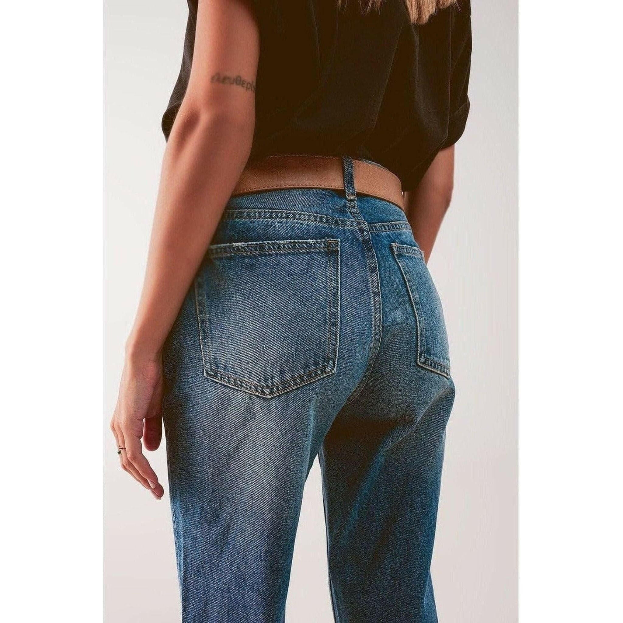 High Waist Jeans with Thigh Slash in Mid Blue.