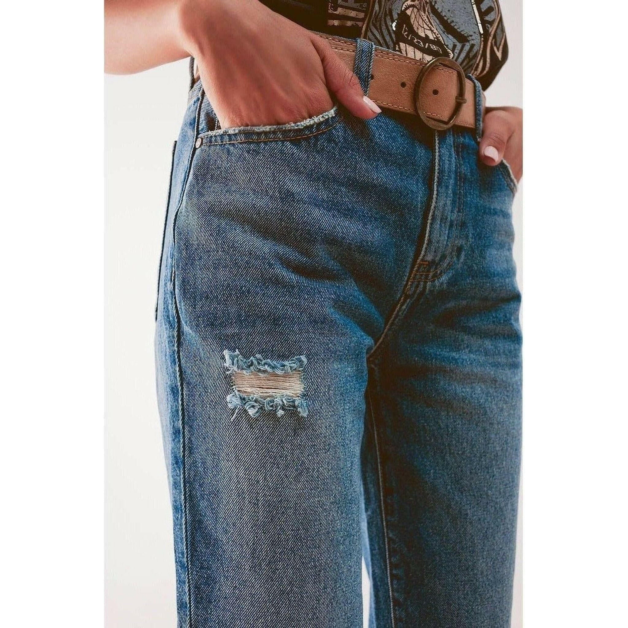 High Waist Jeans with Thigh Slash in Mid Blue.