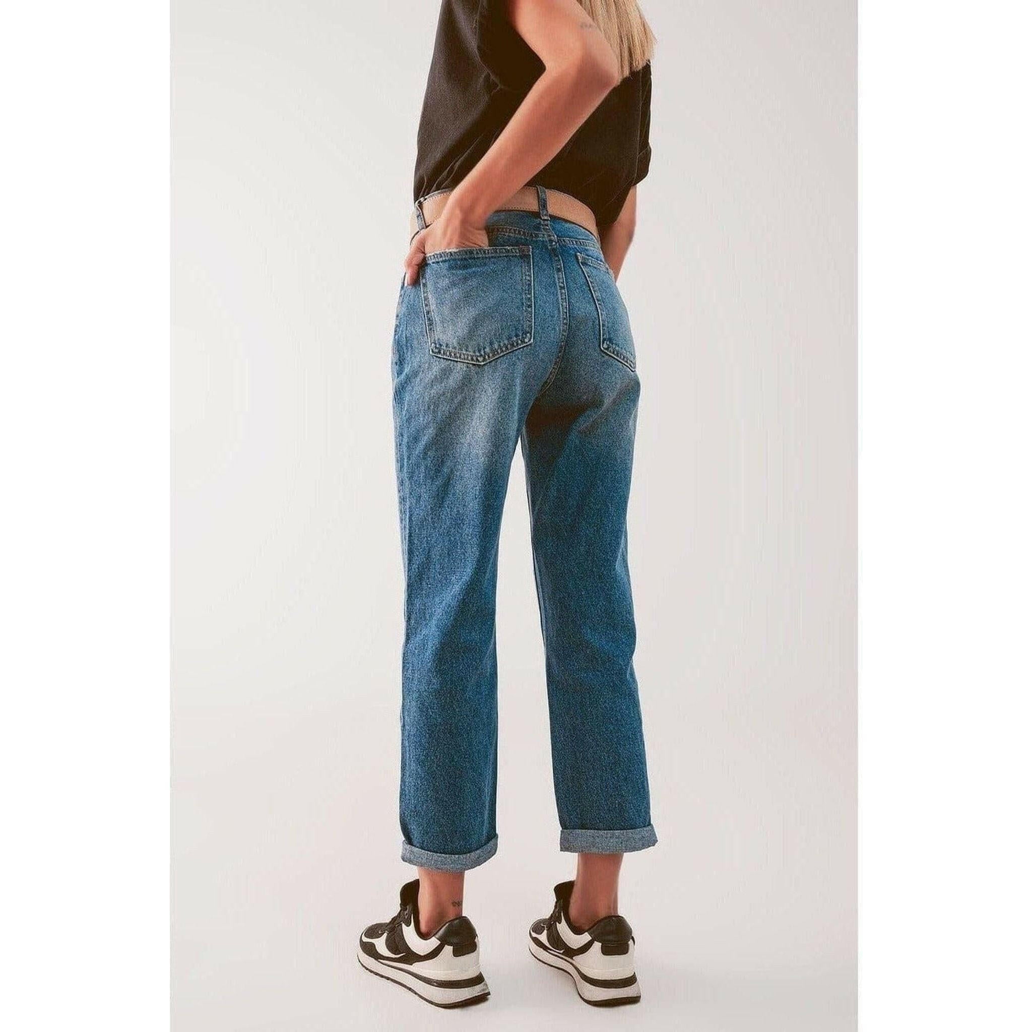 High Waist Jeans with Thigh Slash in Mid Blue.