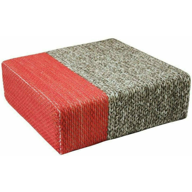 Ira - Handmade Wool Braided Square Pouf | Natural/Living Coral