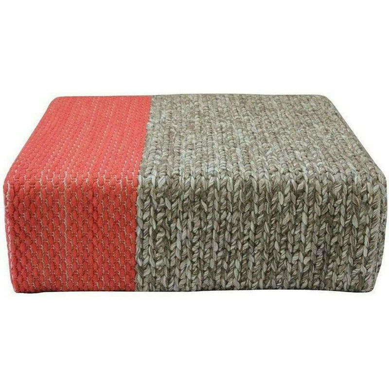Ira - Handmade Wool Braided Square Pouf | Natural/Living Coral