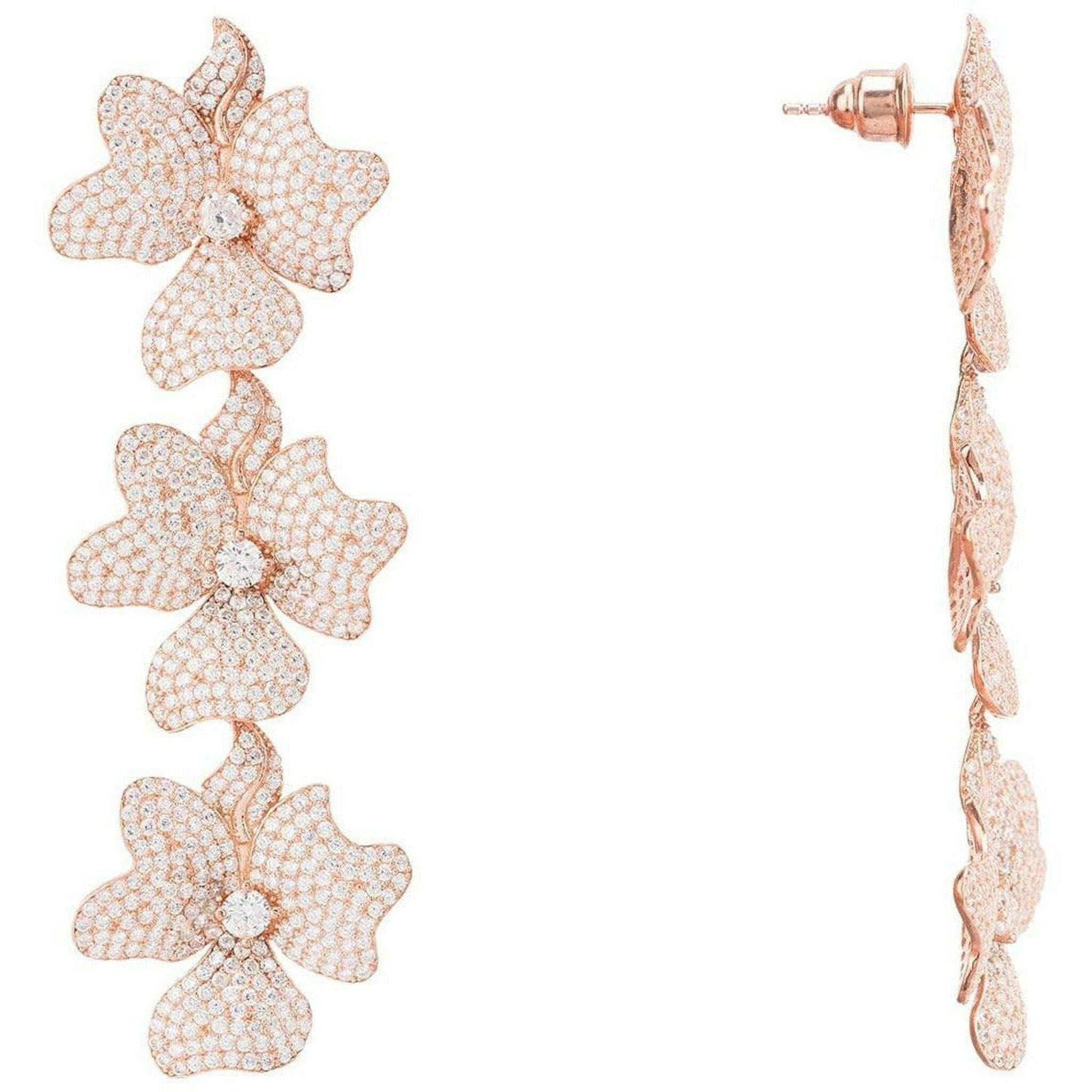 Jasmine Flower Triple Drop Earrings Rosegold.