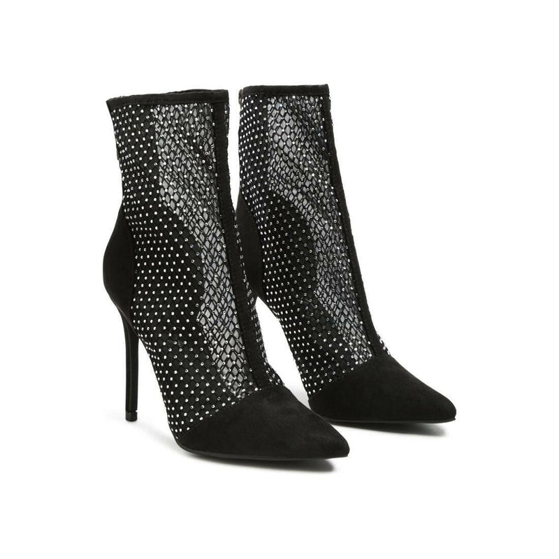 jazz rhinestone embellished mesh stiletto boots.