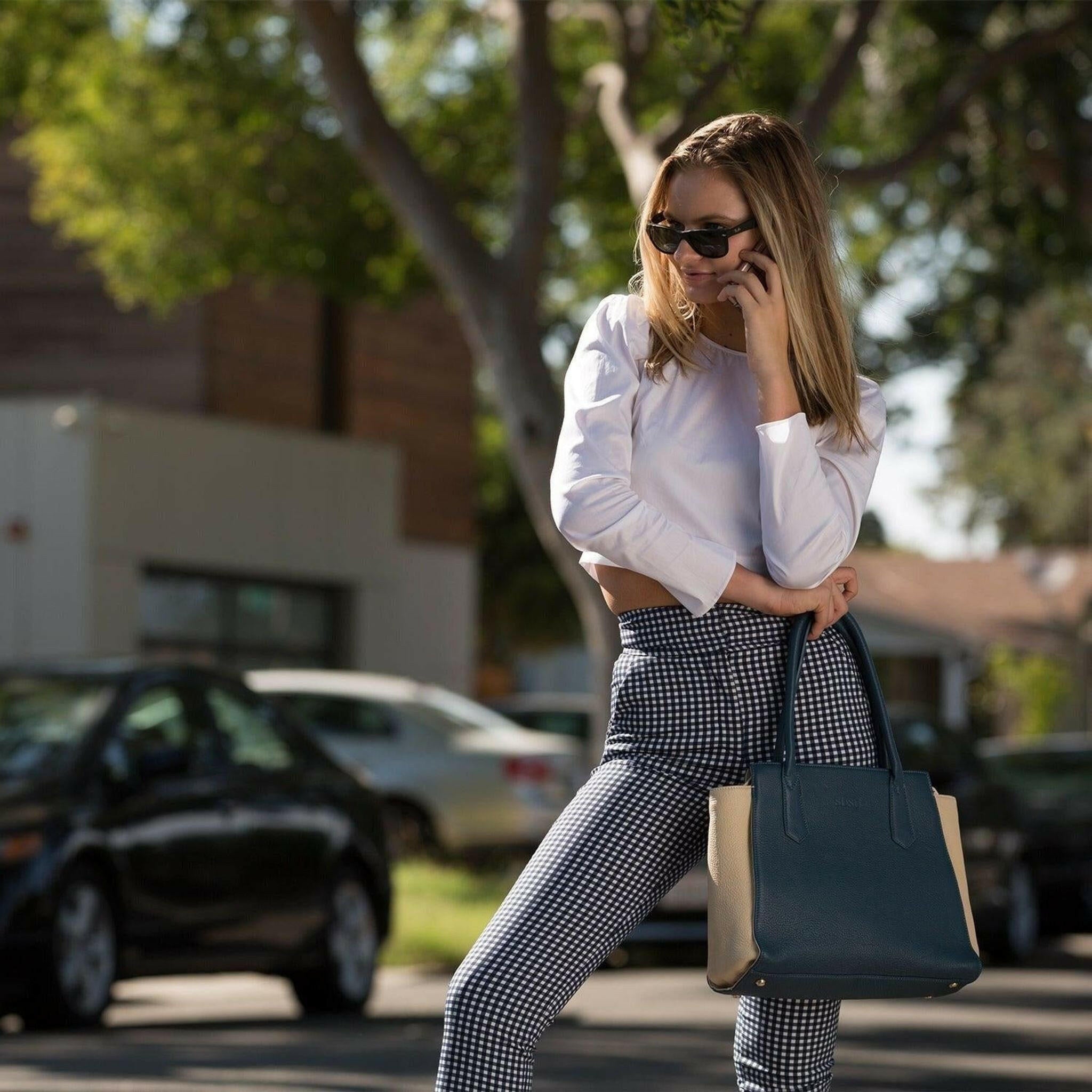 Jody Leather Tote Bag in Blue Ivory.