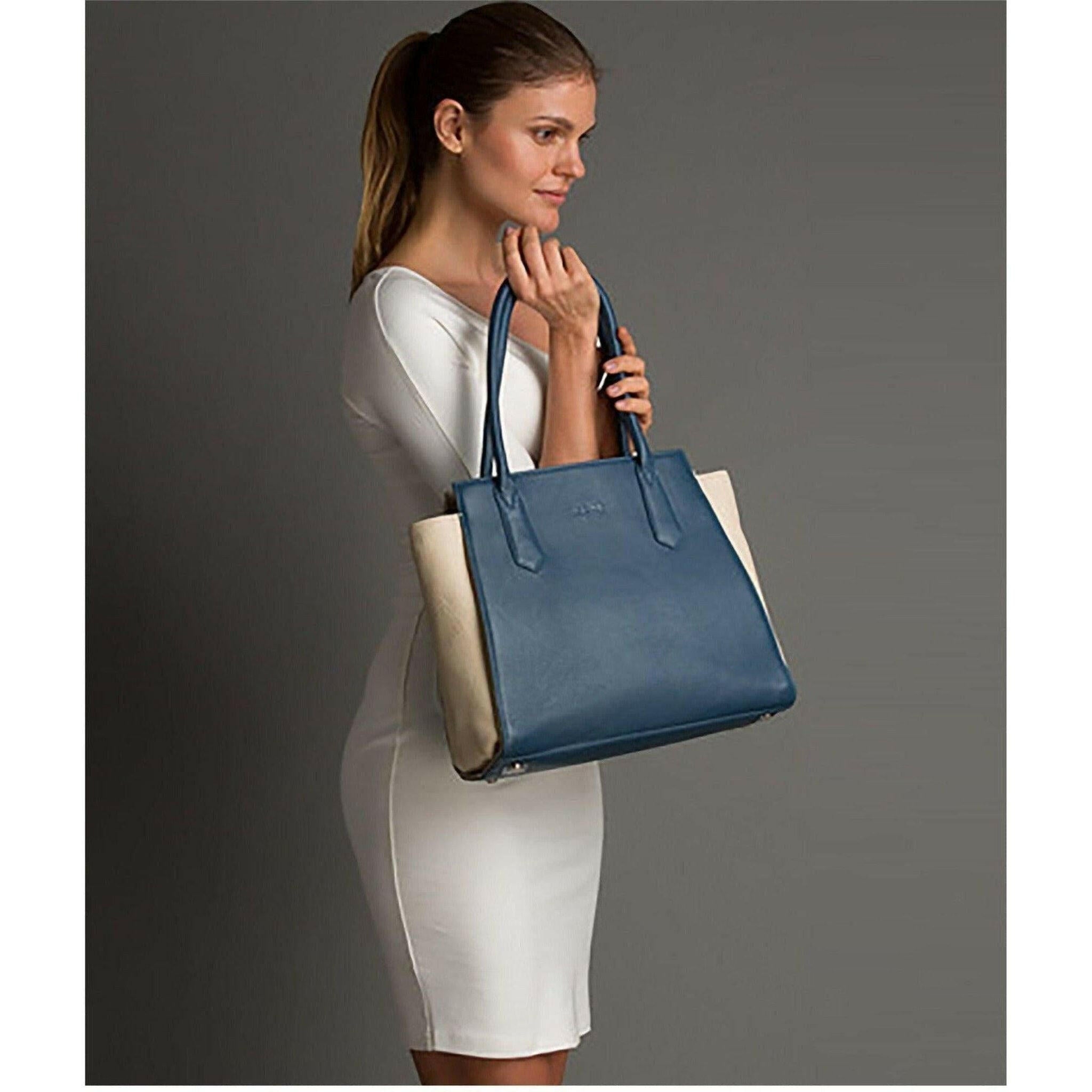 Jody Leather Tote Bag in Blue Ivory.