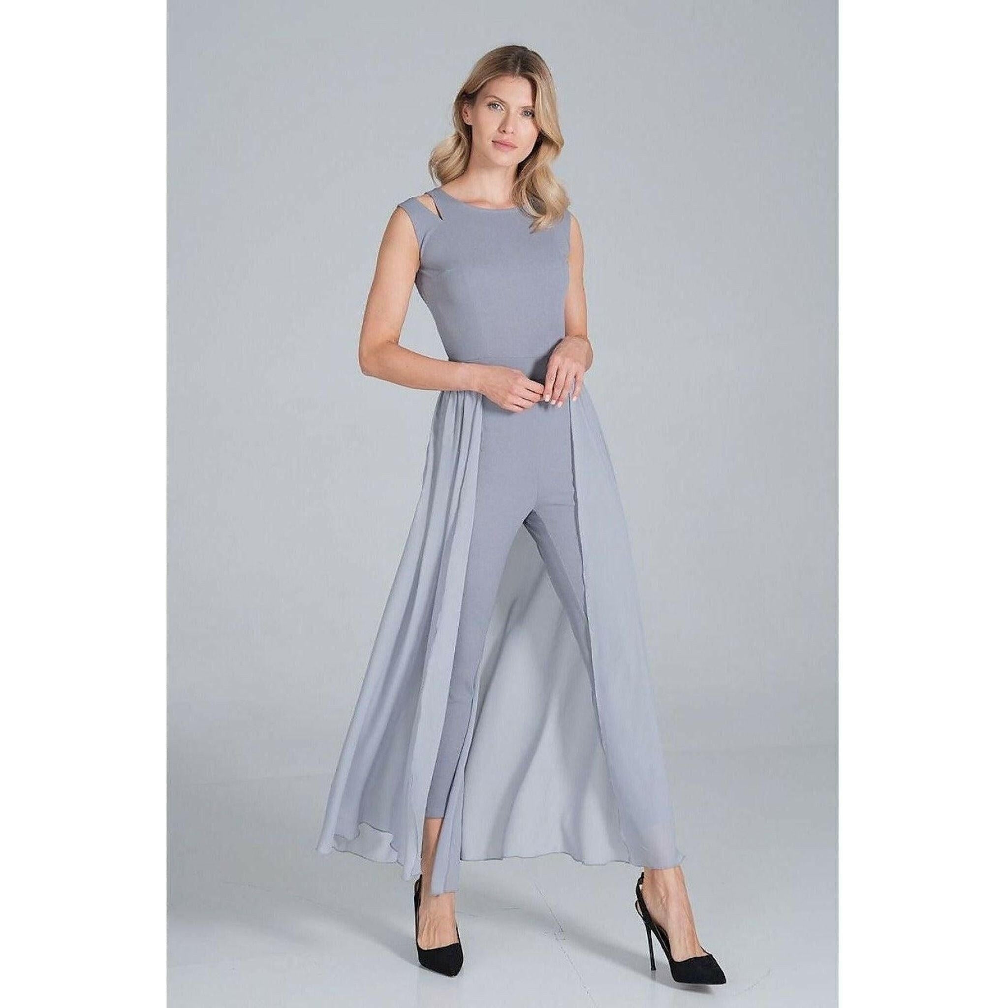 Jumpsuit with Long Chiffon Skirt in Grey.