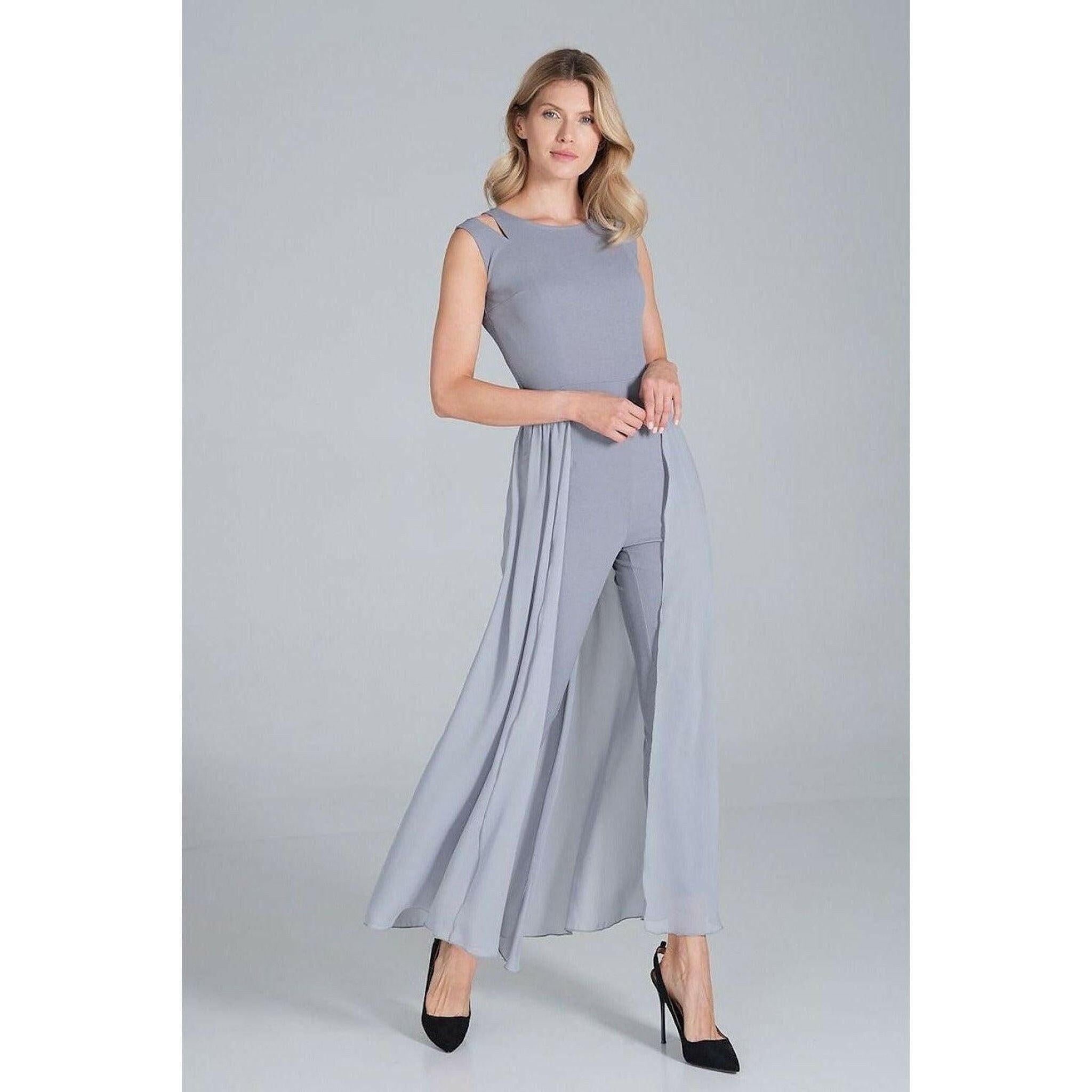 Jumpsuit with Long Chiffon Skirt in Grey.