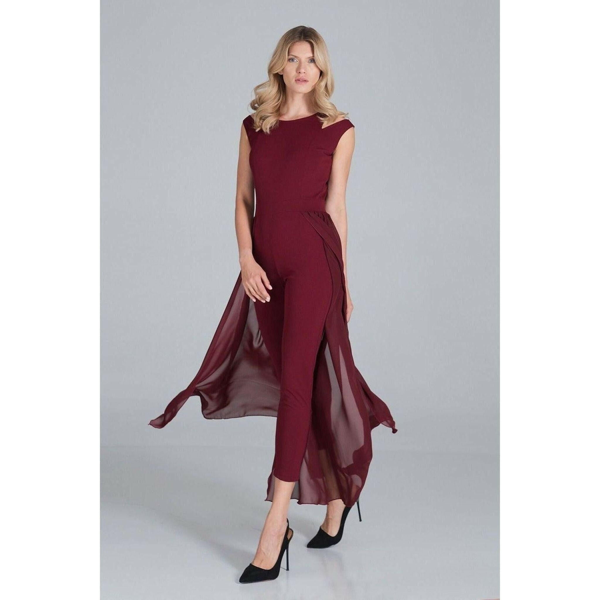 Jumpsuit with Long Chiffon Skirt in Maroon.