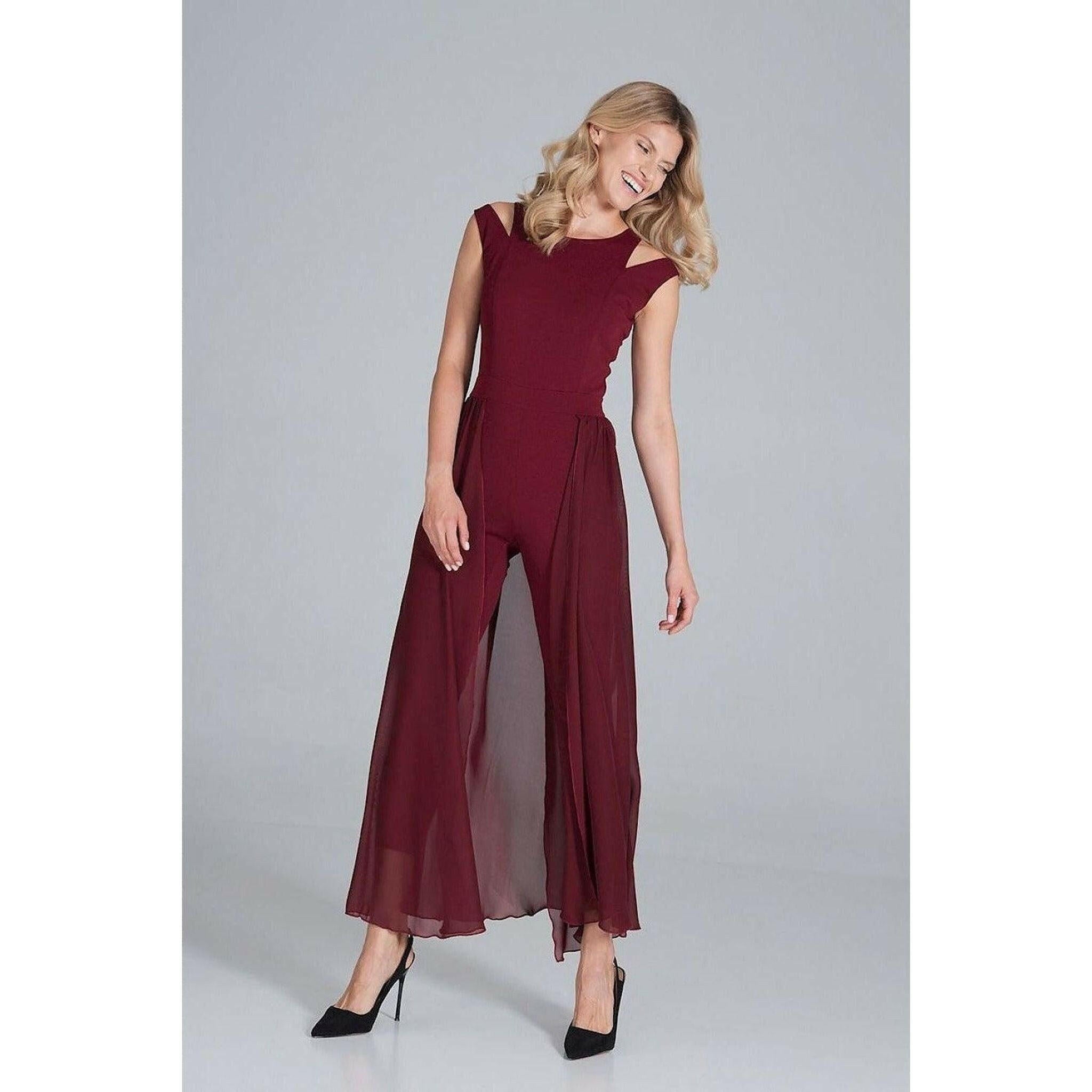 Jumpsuit with Long Chiffon Skirt in Maroon.