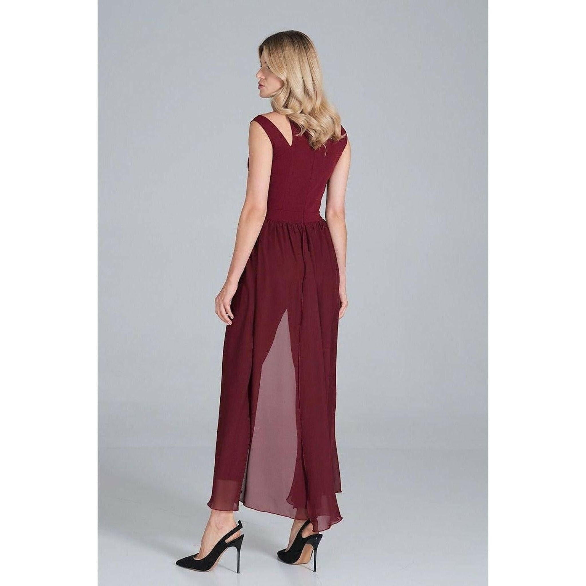 Jumpsuit with Long Chiffon Skirt in Maroon.