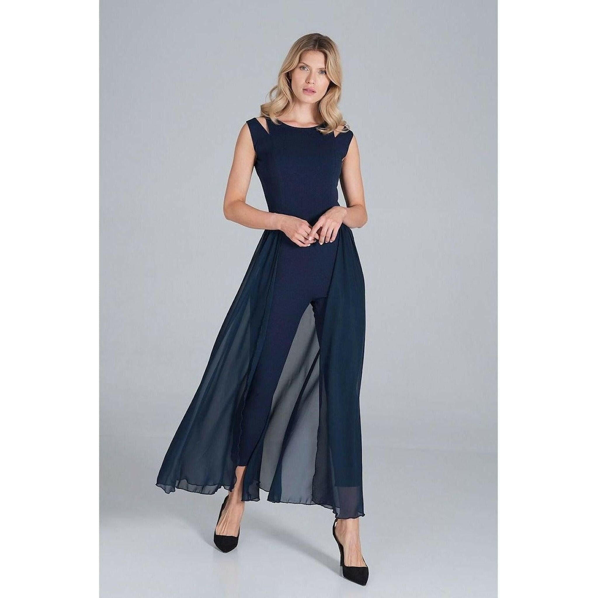 Jumpsuit with Long Chiffon Skirt in Navy Blue.