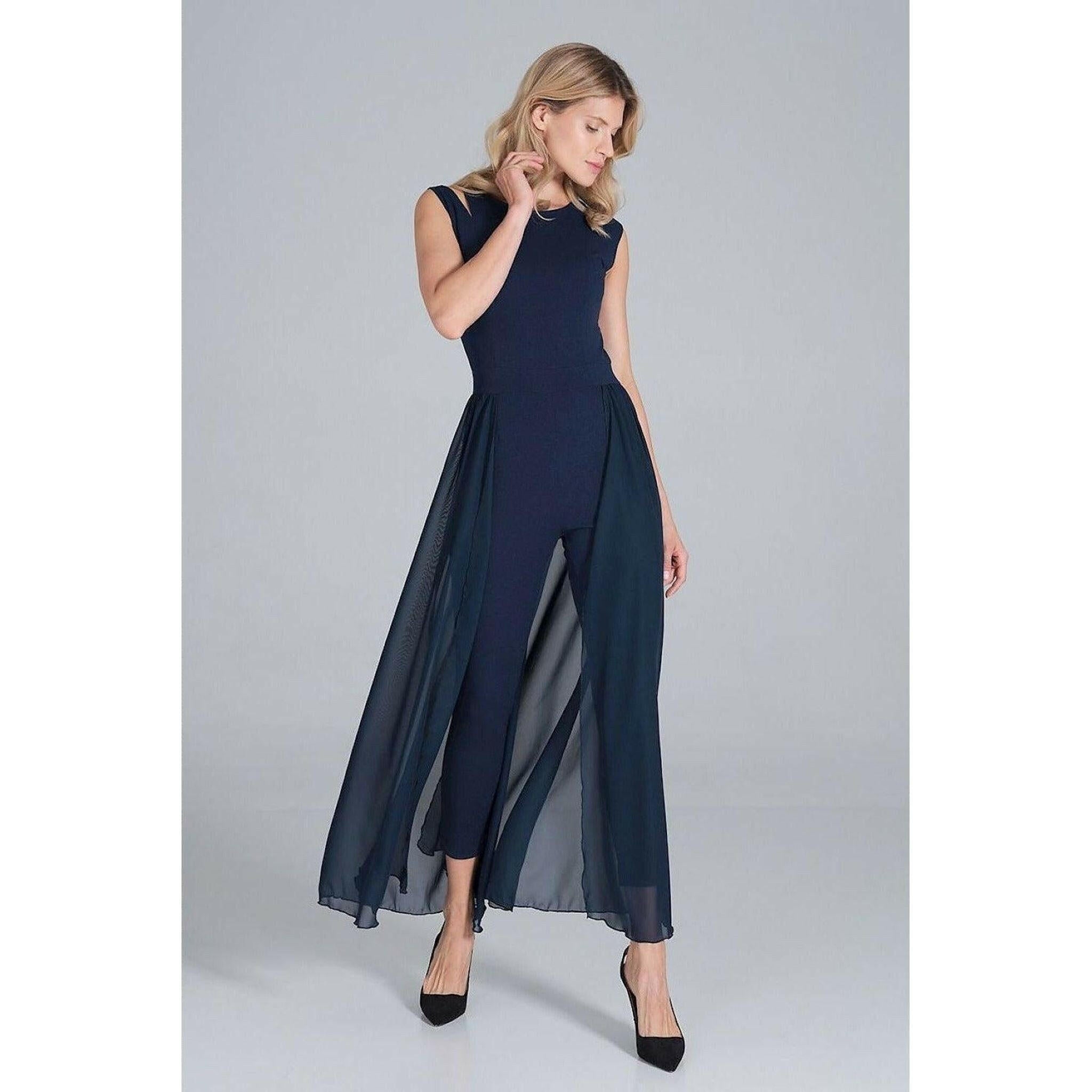 Jumpsuit with Long Chiffon Skirt in Navy Blue.