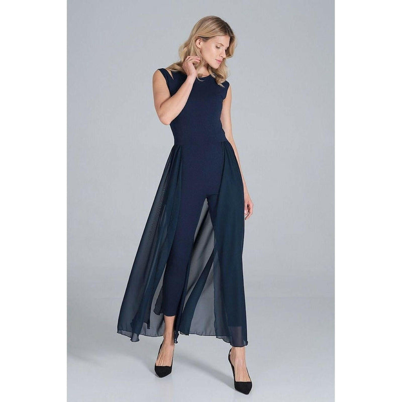 Jumpsuit with Long Chiffon Skirt in Navy Blue