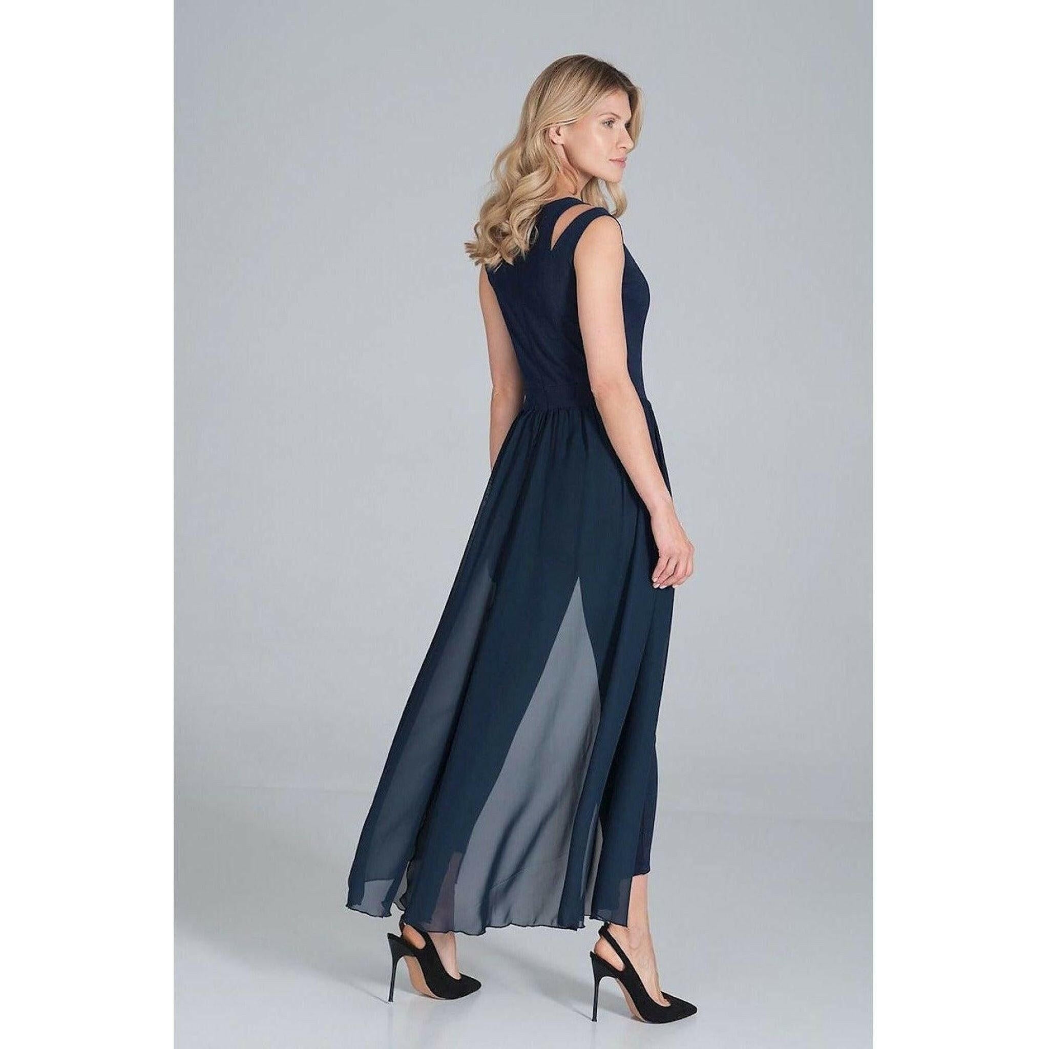 Jumpsuit with Long Chiffon Skirt in Navy Blue.