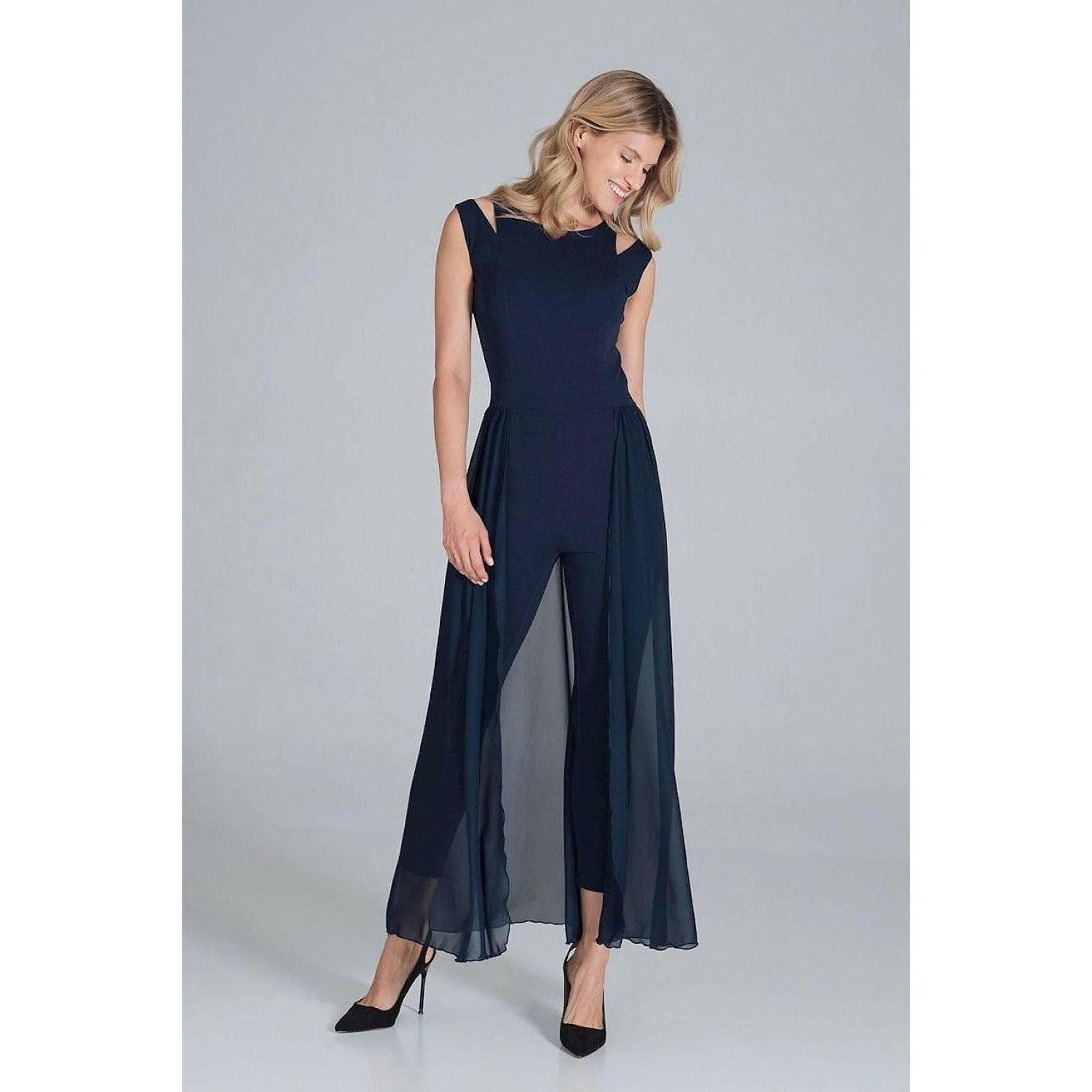 Jumpsuit with Long Chiffon Skirt in Navy Blue.