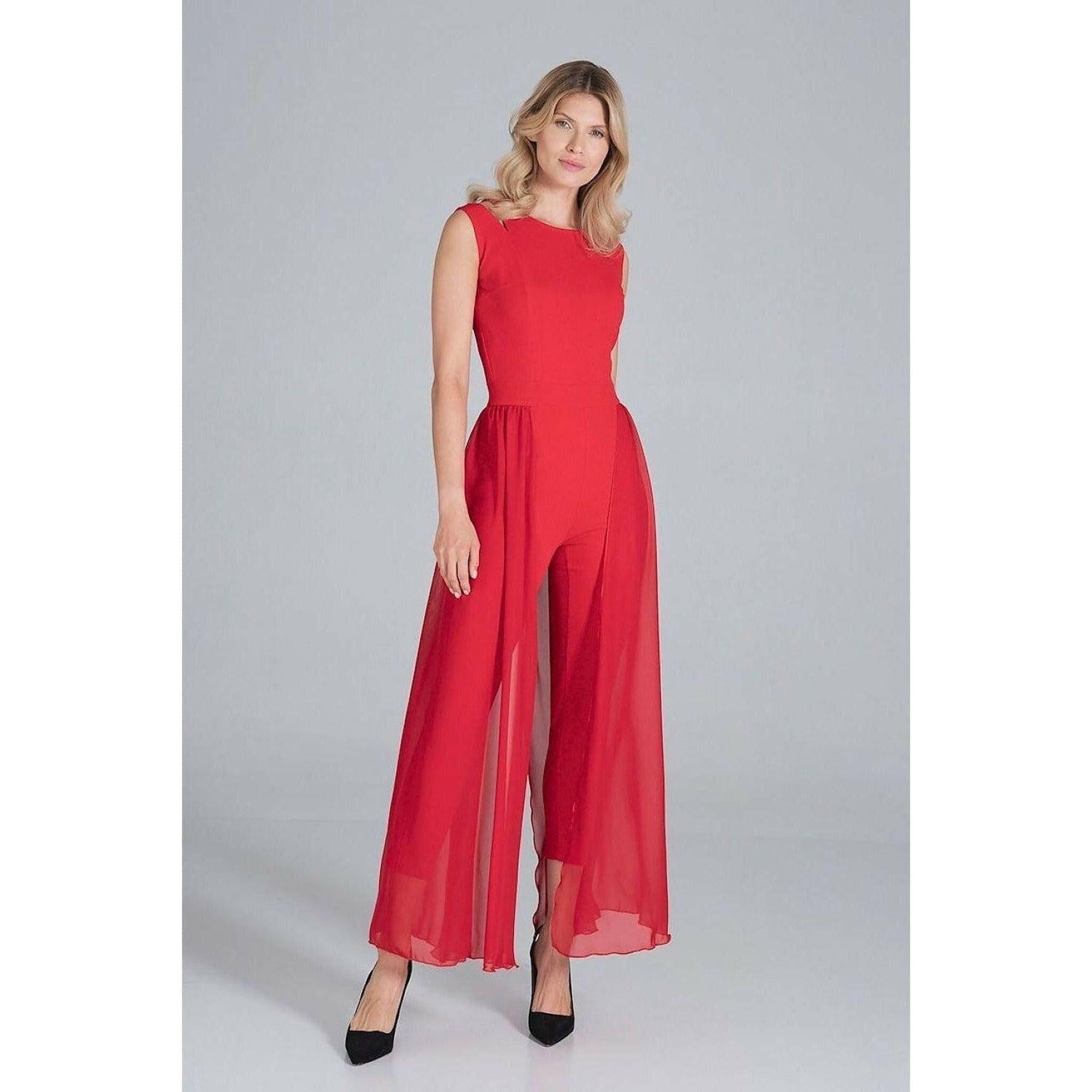 Jumpsuit with Long Chiffon Skirt in Red.