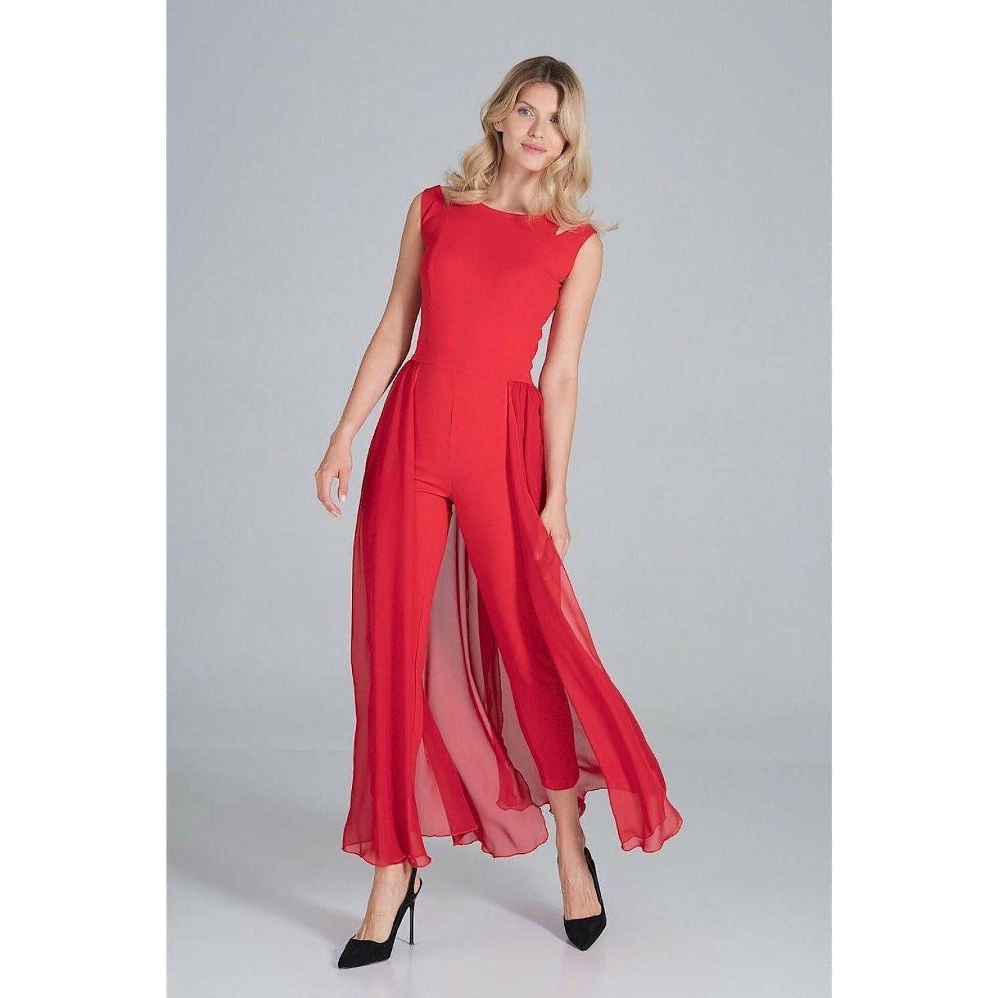 Jumpsuit with Long Chiffon Skirt in Red.