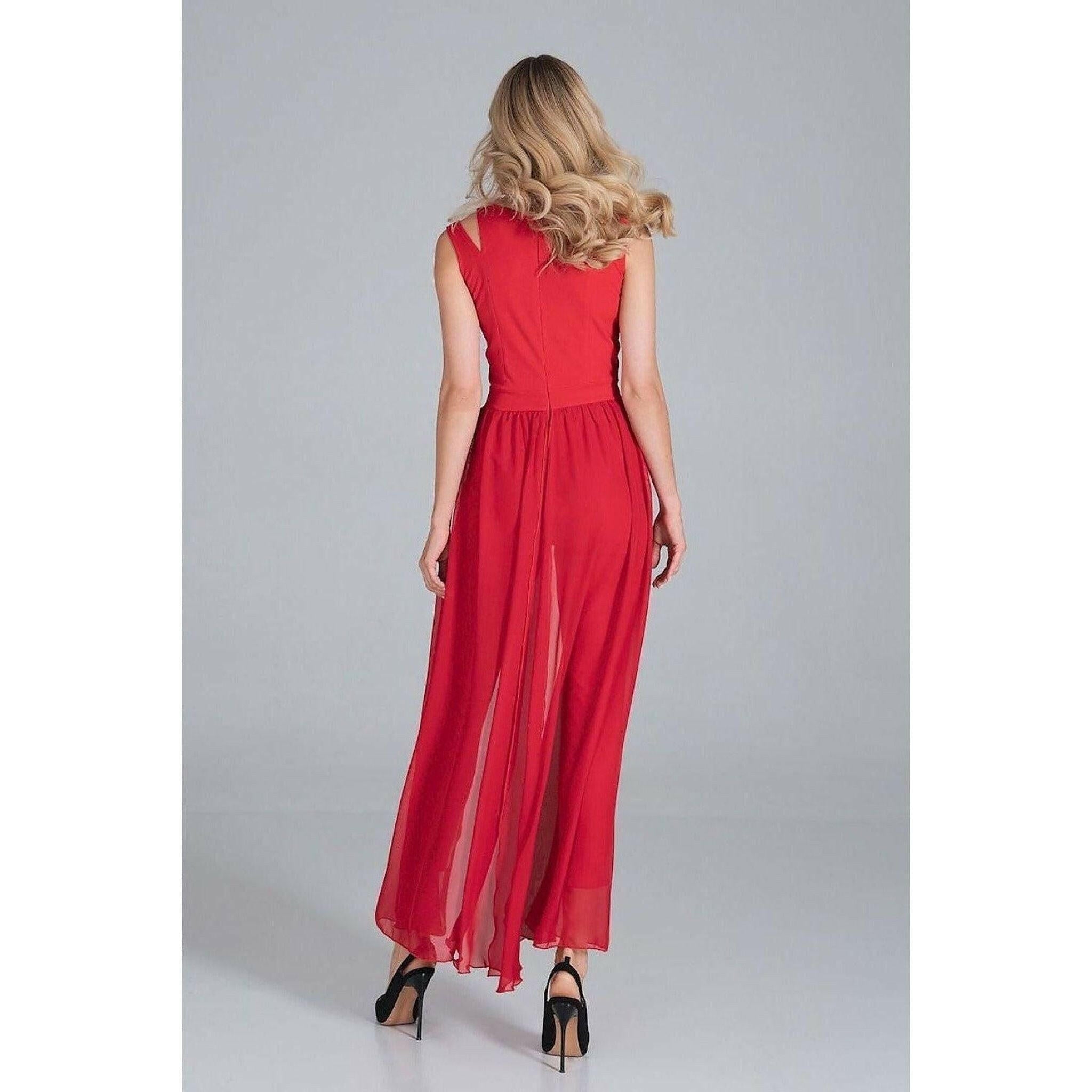 Jumpsuit with Long Chiffon Skirt in Red.