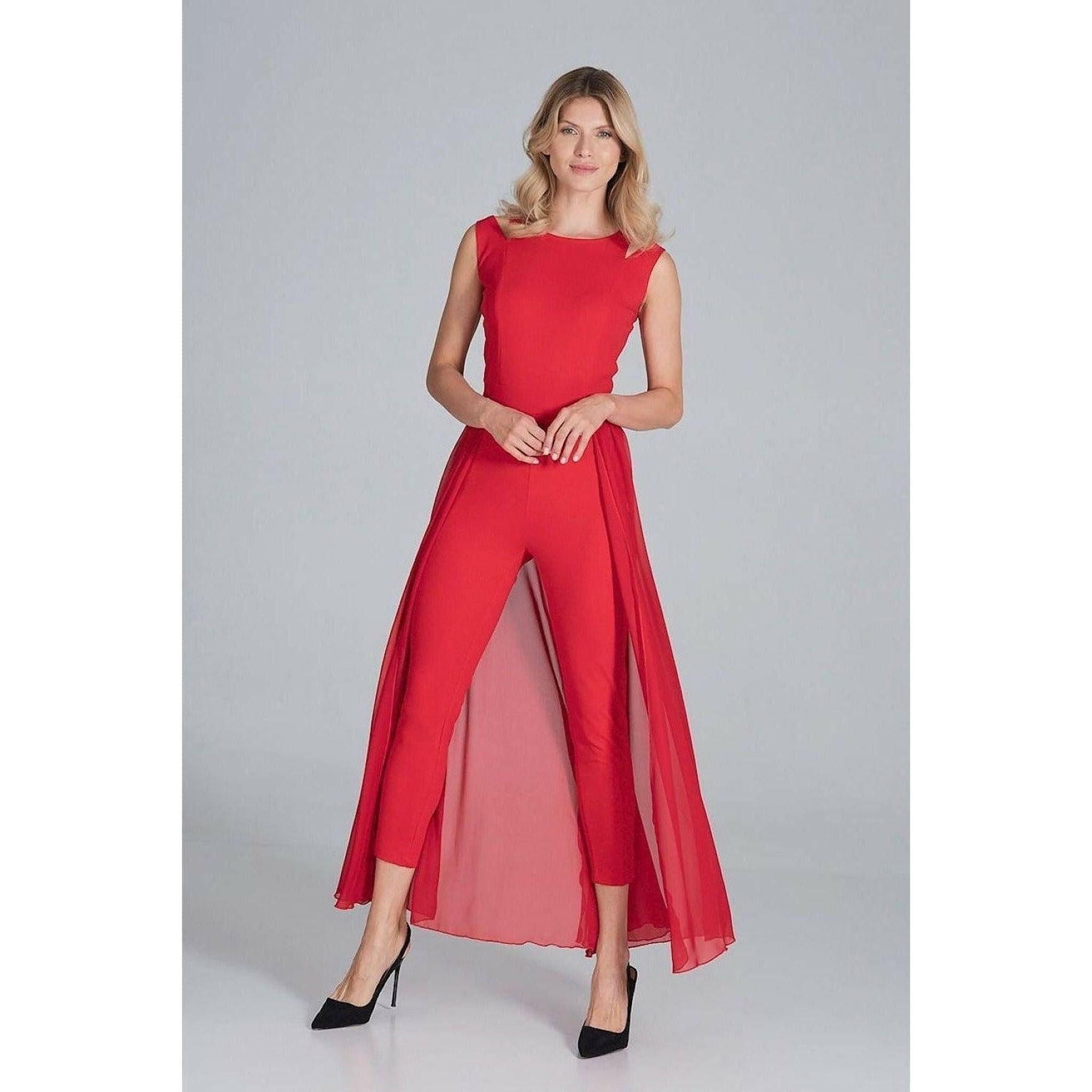 Jumpsuit with Long Chiffon Skirt in Red.