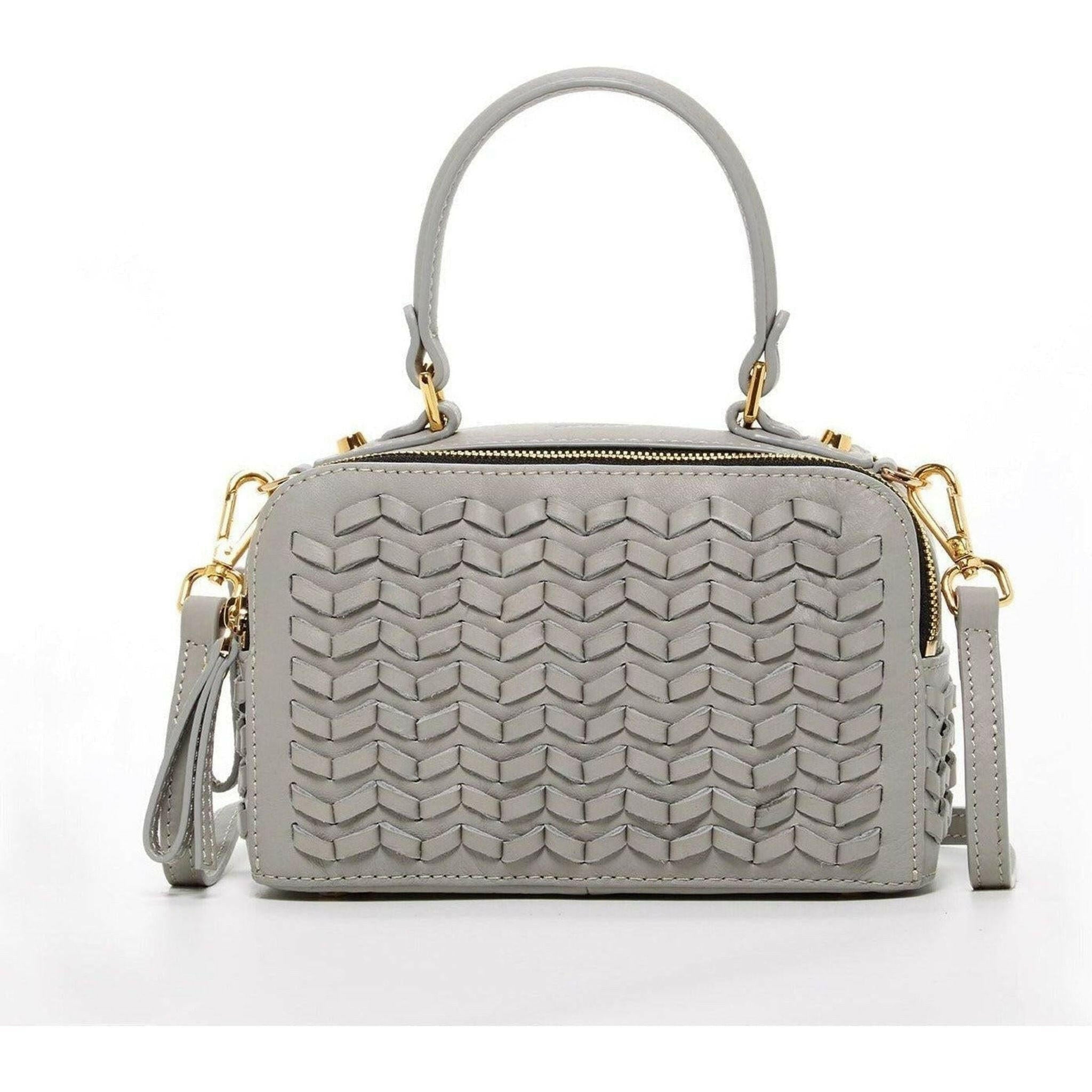 Kayla Weave Leather Crossbody Purse in Light Gray.