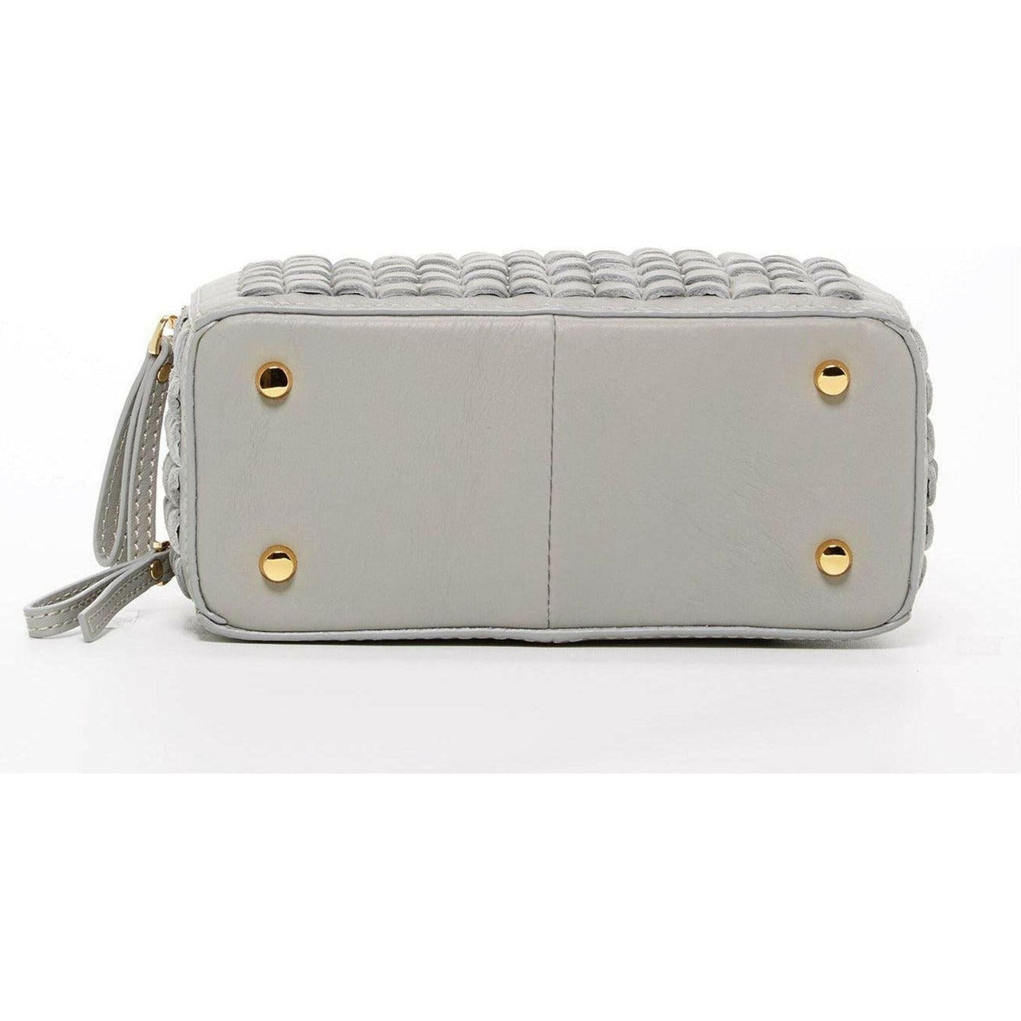 Kayla Weave Leather Crossbody Purse in Light Gray.