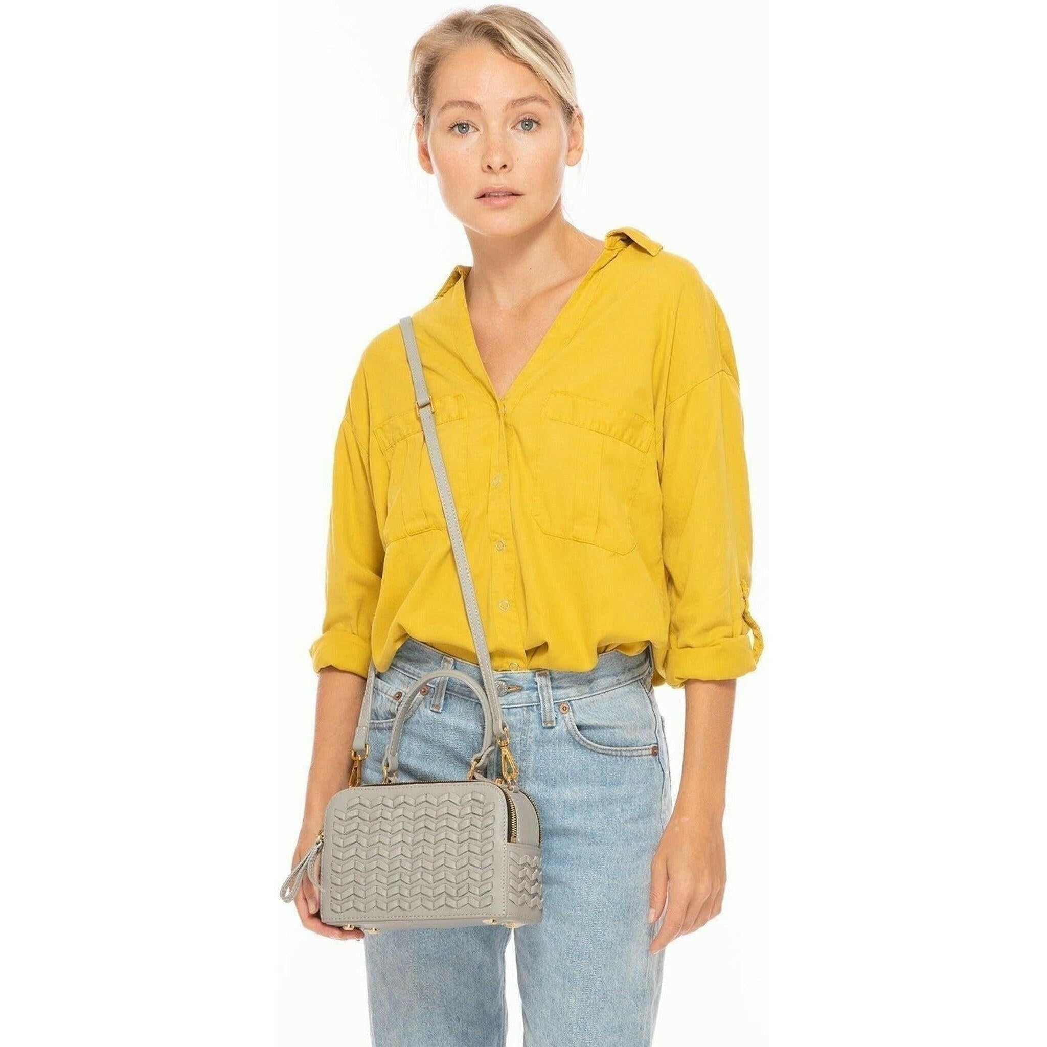 Kayla Weave Leather Crossbody Purse in Light Gray.