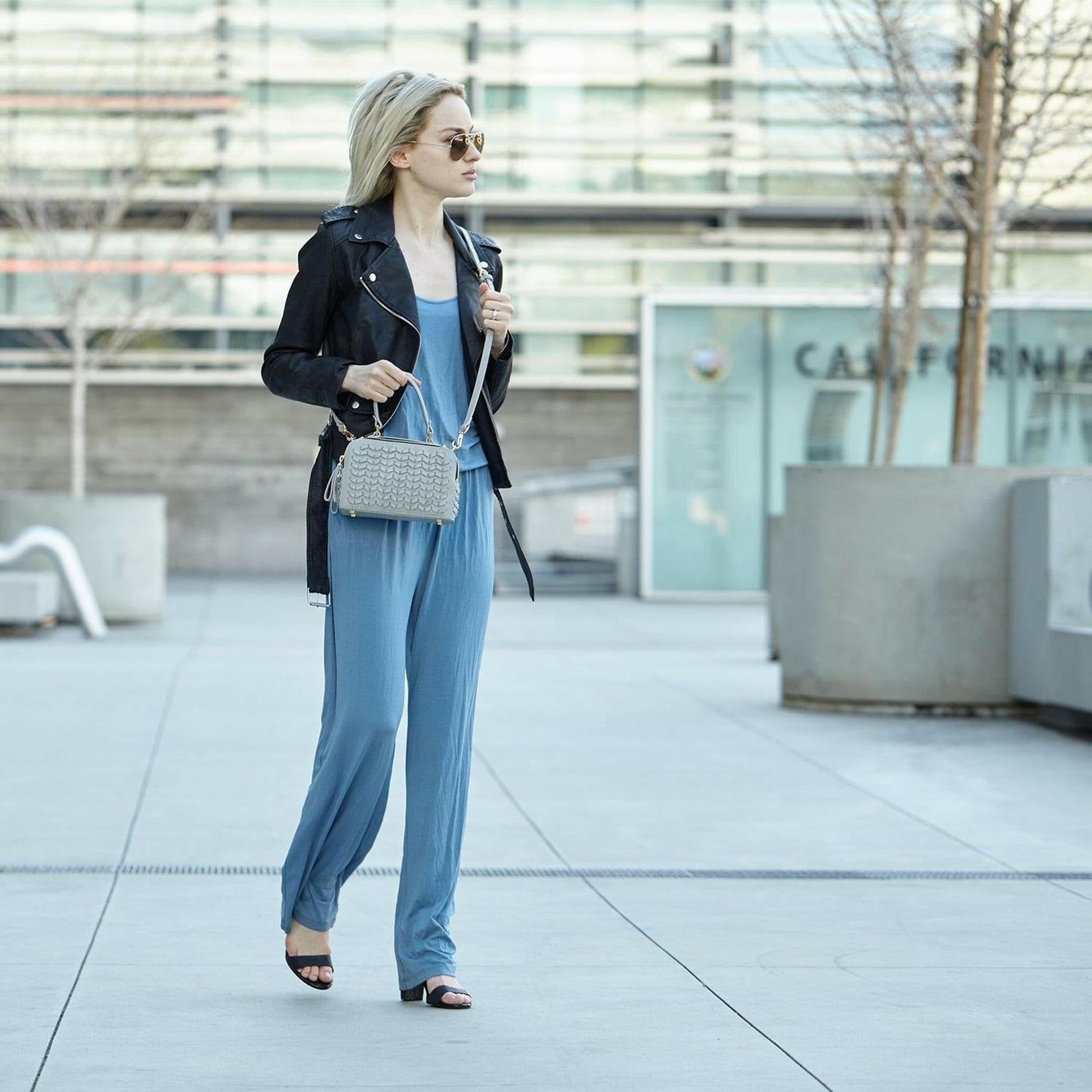 Kayla Weave Leather Crossbody Purse in Light Gray.