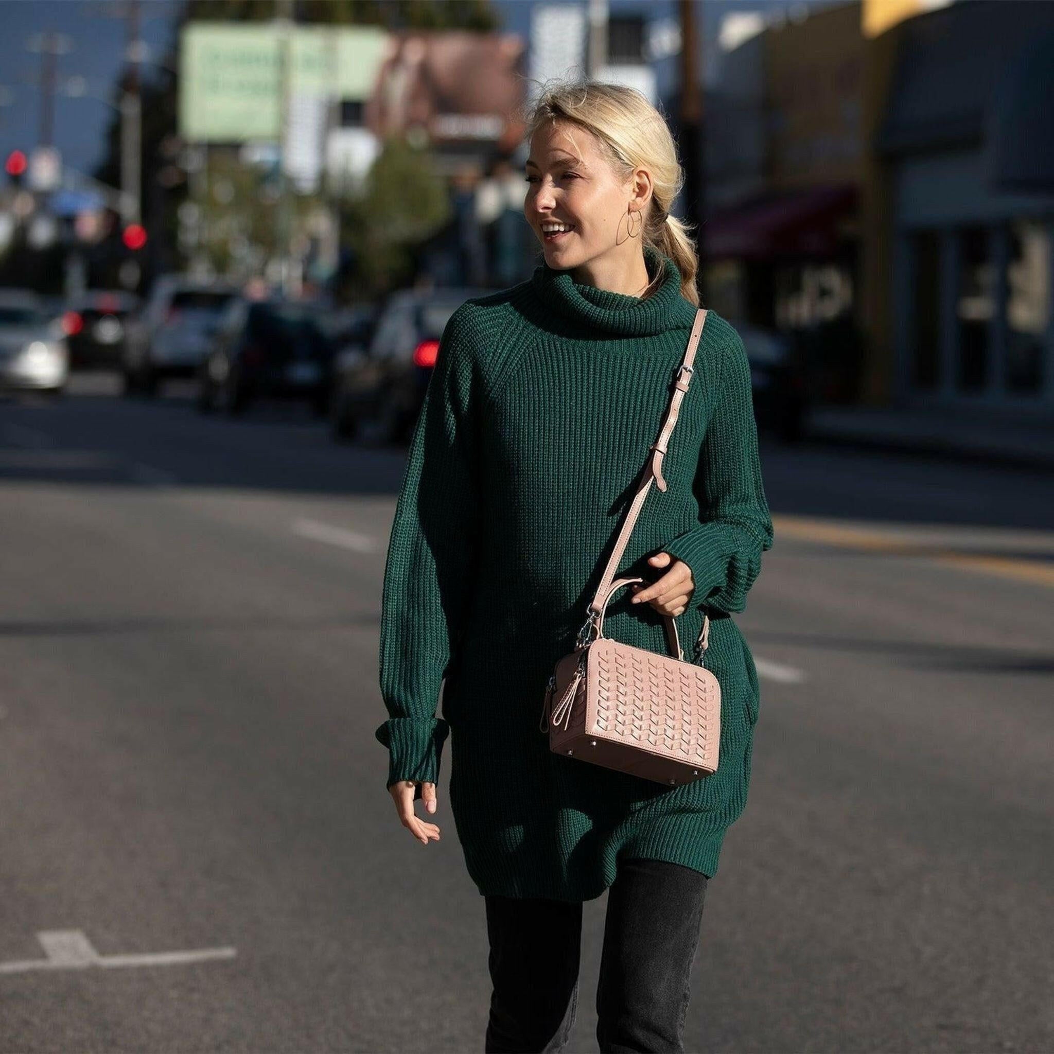 Kayla Woven Leather Bag in Pink.