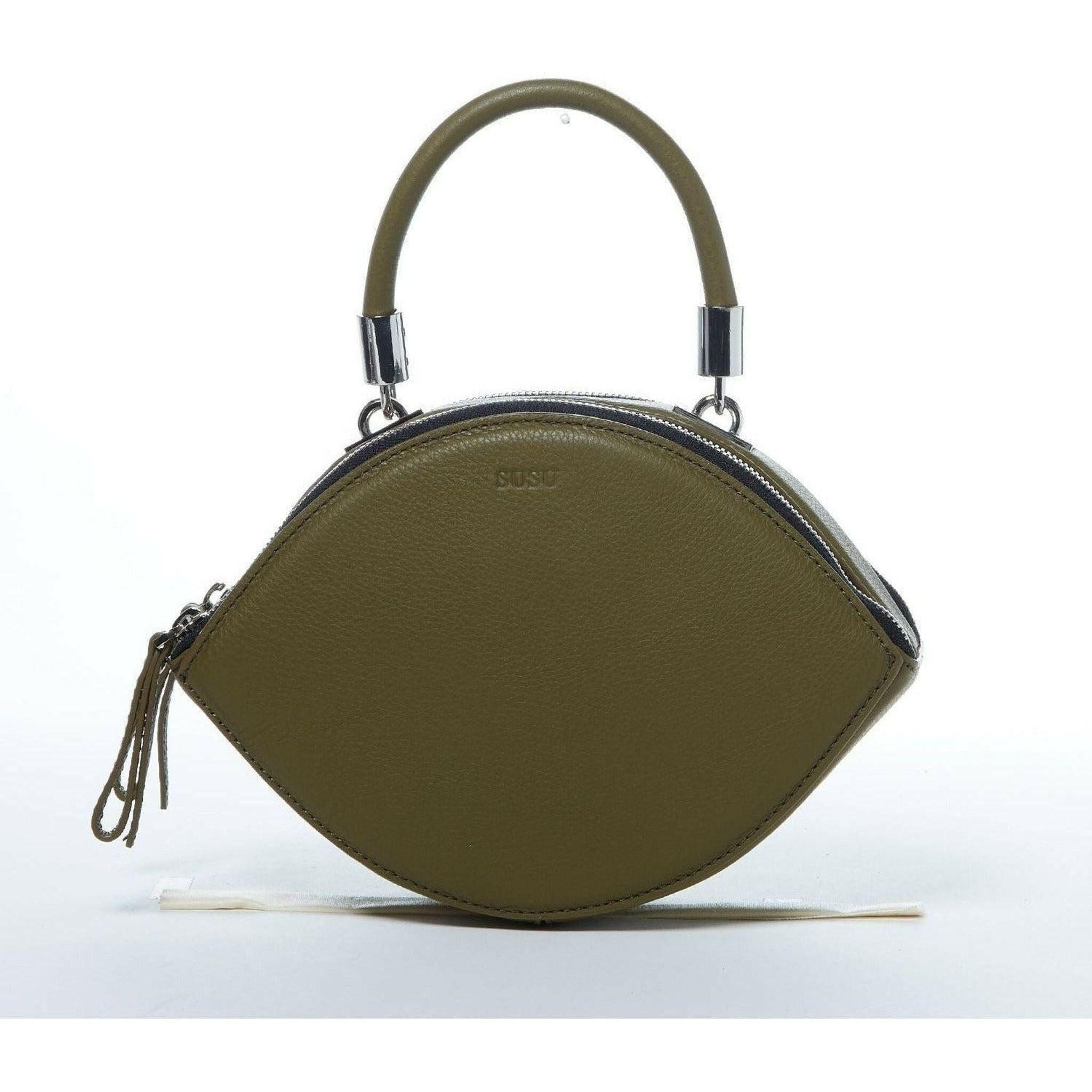 Kiss Circle Shape Leather Crossbody Bag in Olive Green.