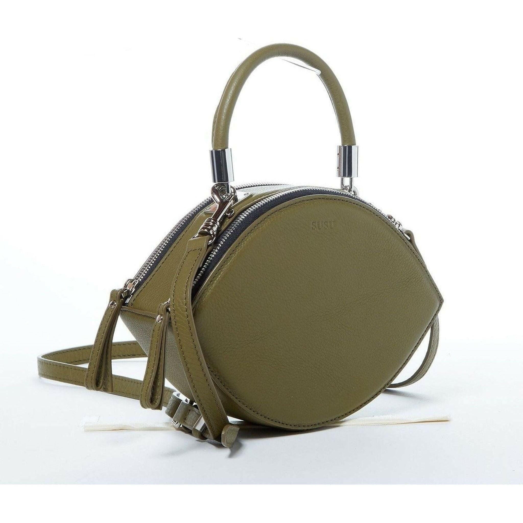 Kiss Circle Shape Leather Crossbody Bag in Olive Green.