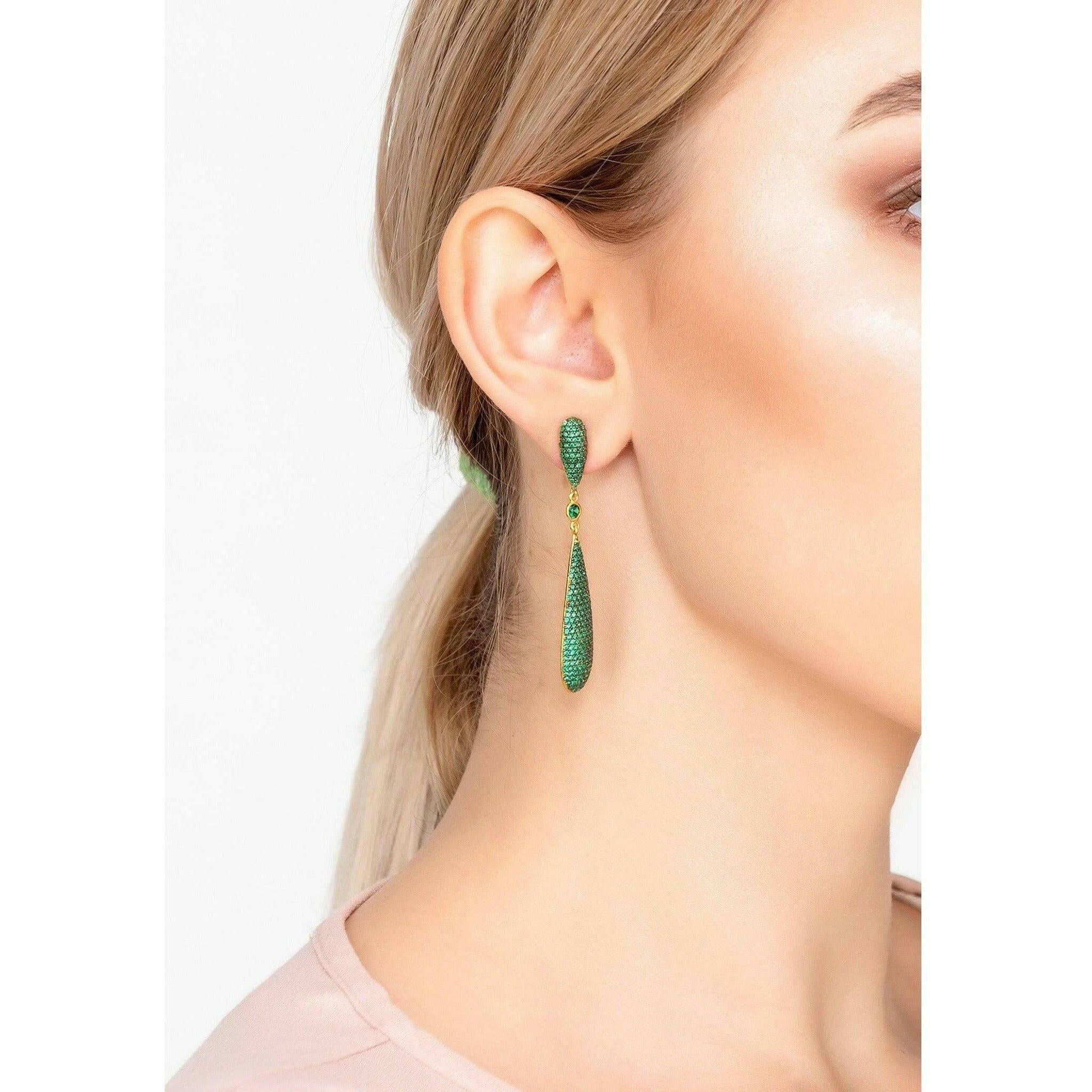 Latelita Long Drop Earrings Emerald Green CZ.