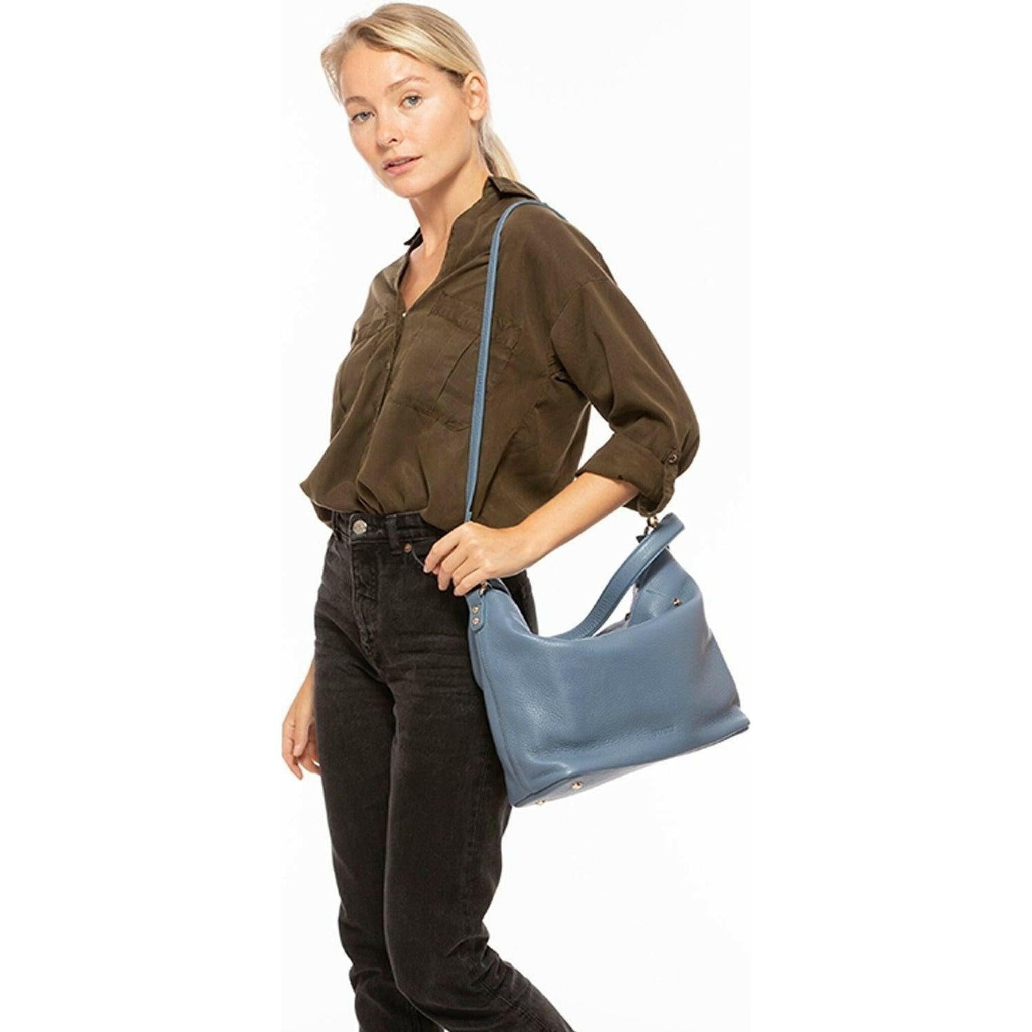 Lauren Faded Denim Leather Hobo Bag Blue.