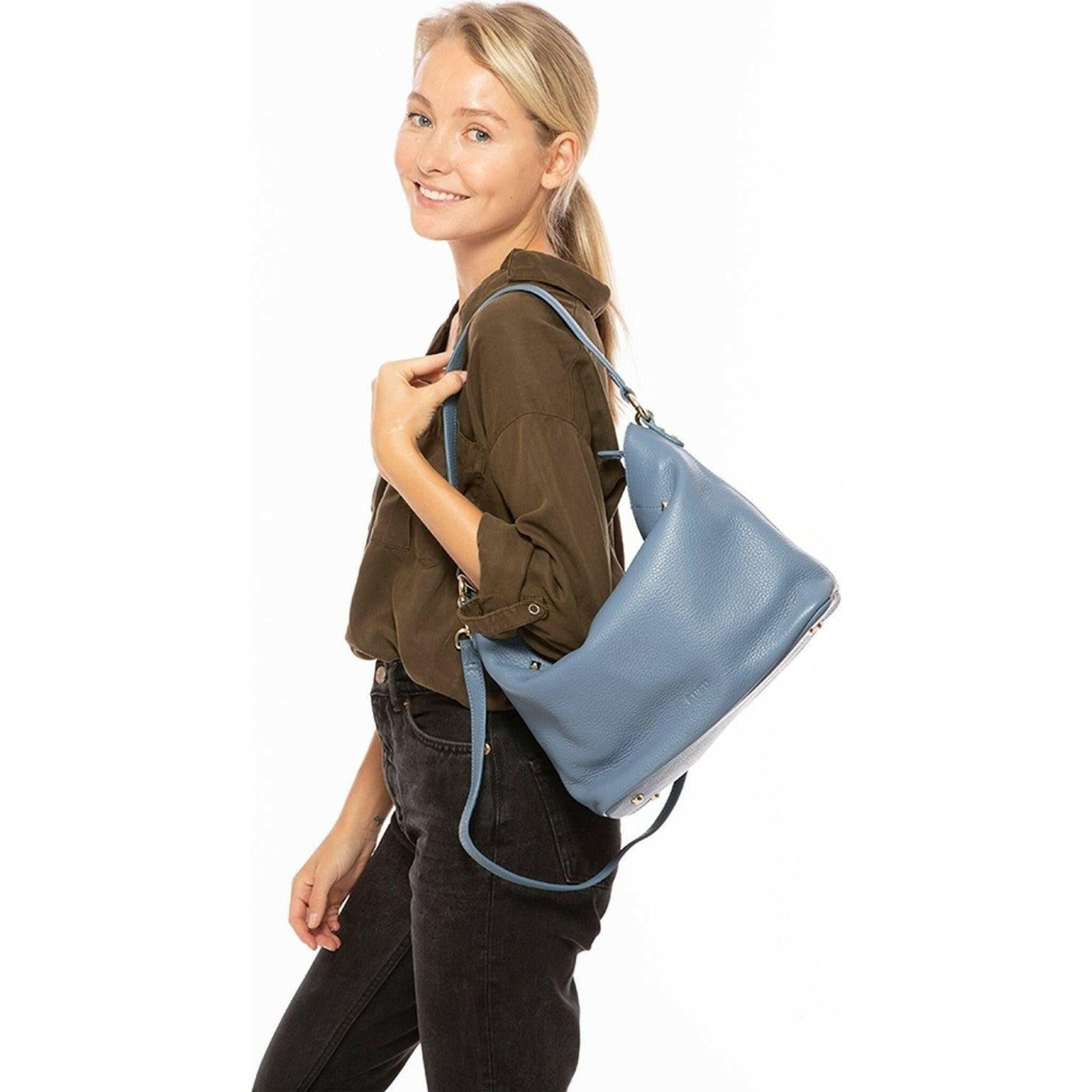 Lauren Faded Denim Leather Hobo Bag Blue.