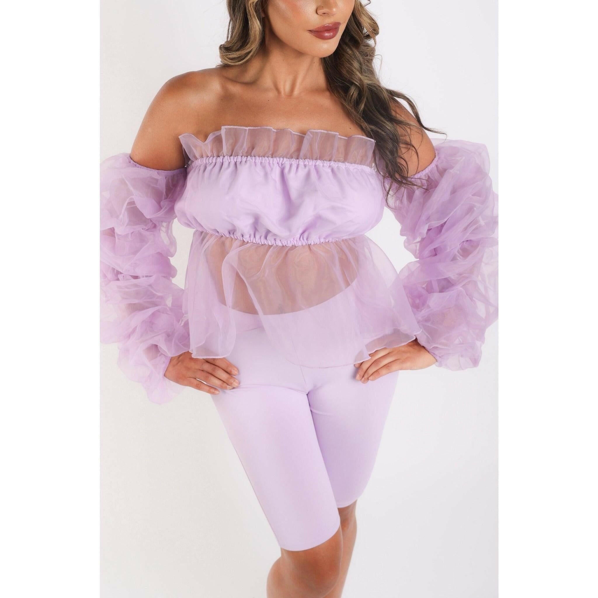 Lavender Sexy Organza Top & Matching Shorts Set.