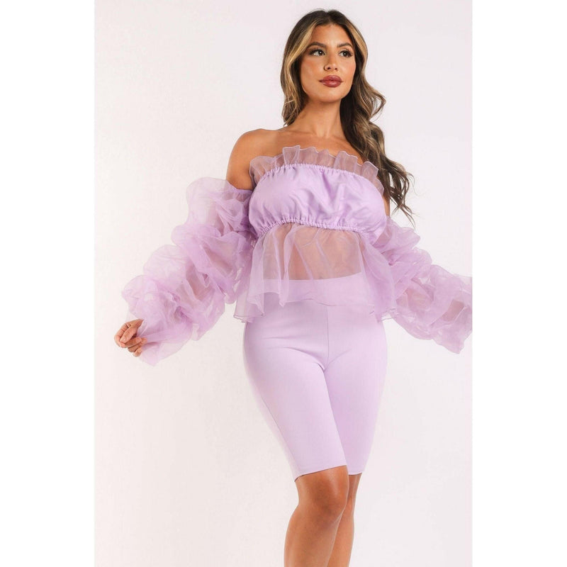 Lavender Sexy Organza Top & Matching Shorts Set