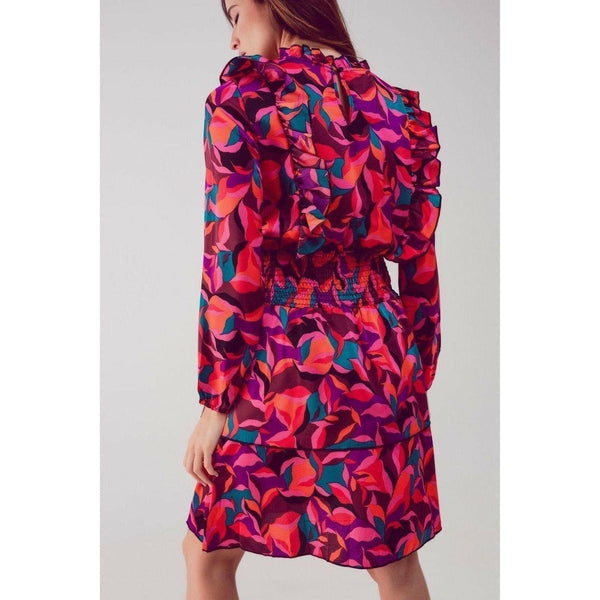 Layered Frill Mini Dress in Fucshia Floral