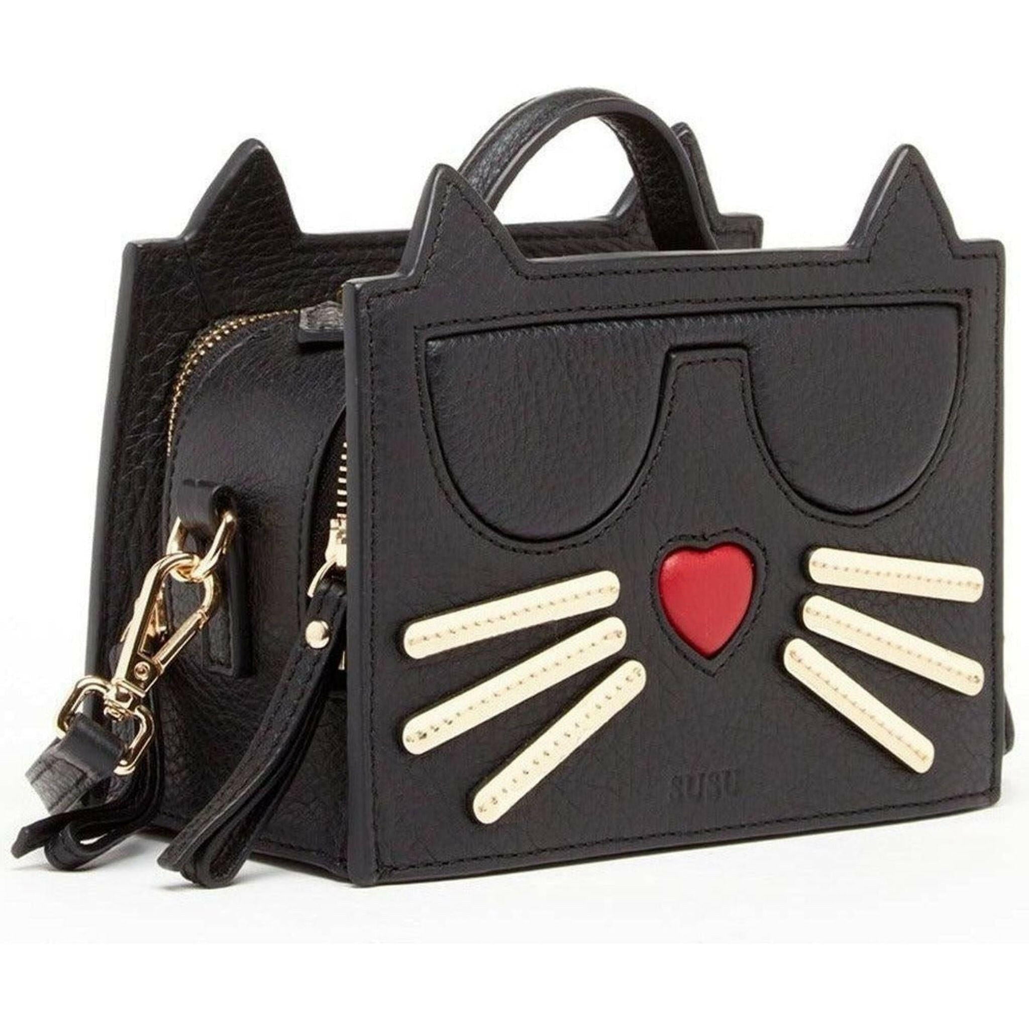 Leather Cat Crossbody in Black.