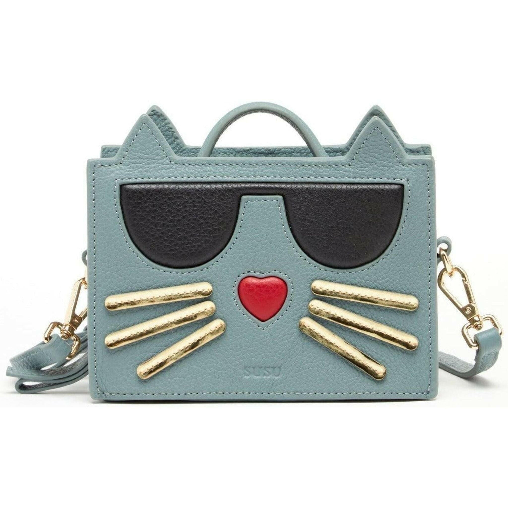 Leather Cat Crossbody in Mineral Blue.