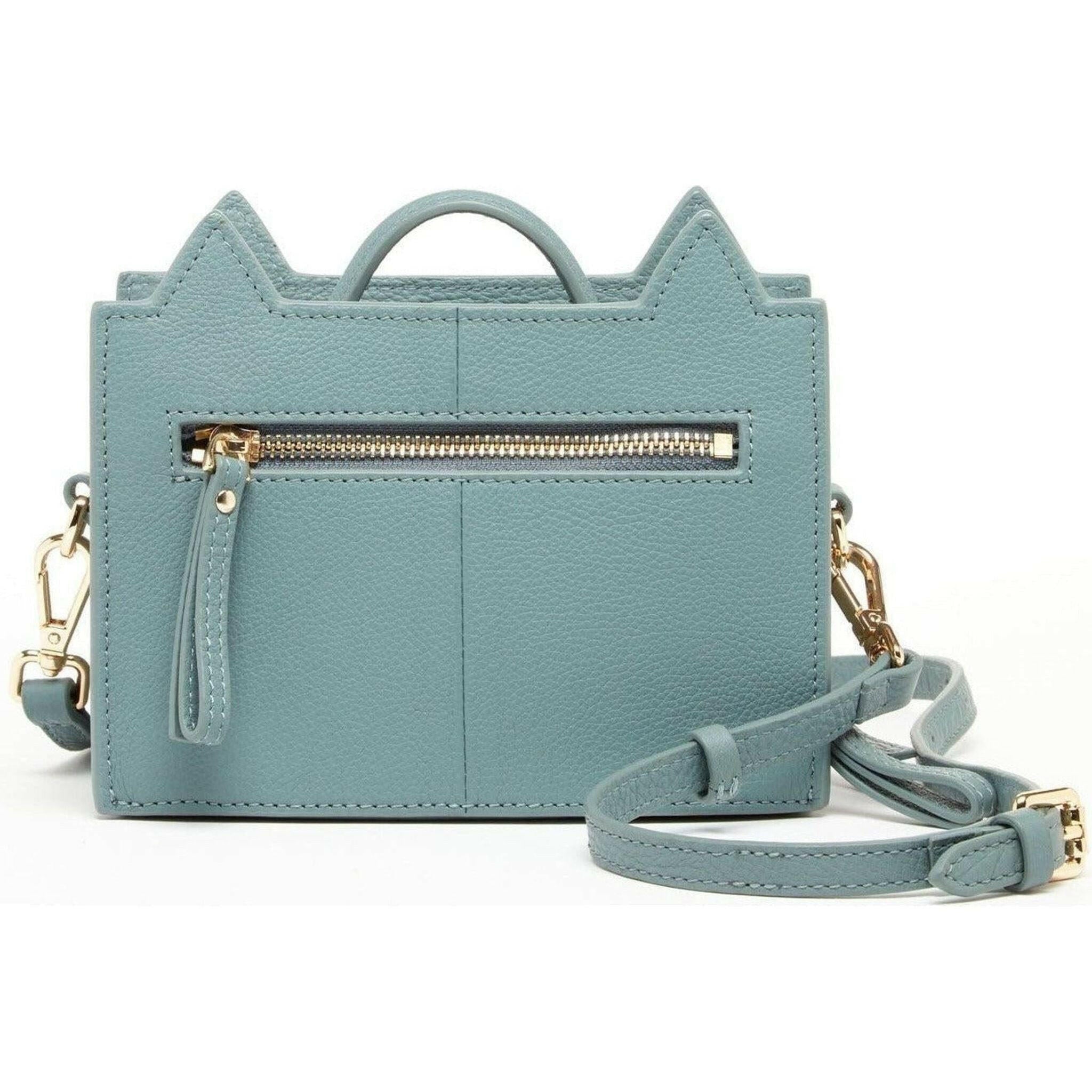 Leather Cat Crossbody in Mineral Blue.